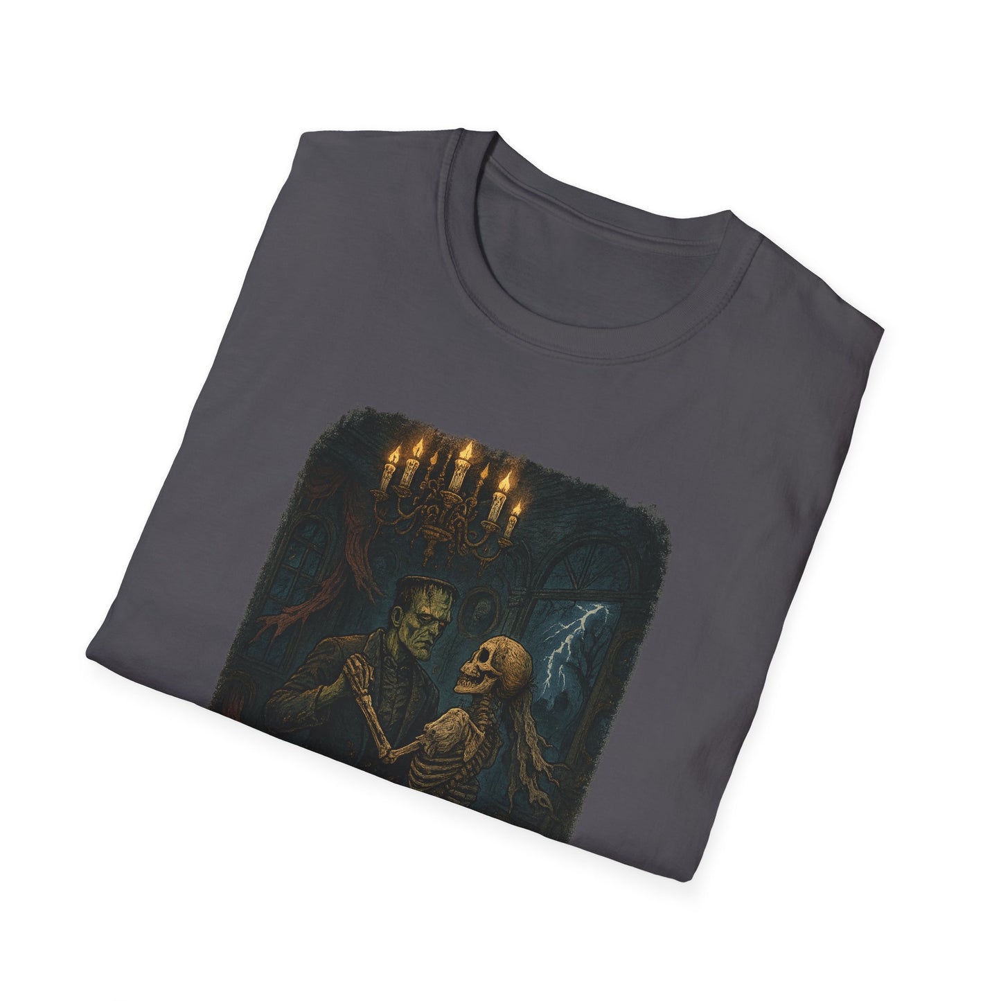 Dark gray Frankenstein couple t-shirt featuring a vintage style illustration of Frankenstein and a skeleton dancing under candlelight