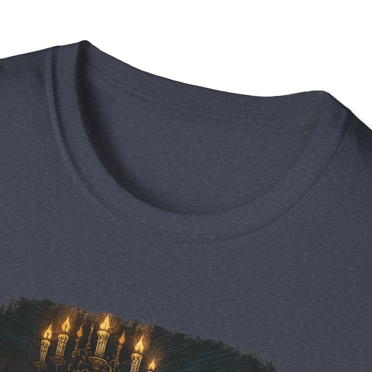 Close-up of dark gray Frankenstein couple t-shirt neckline and part of lit candle design by Printify