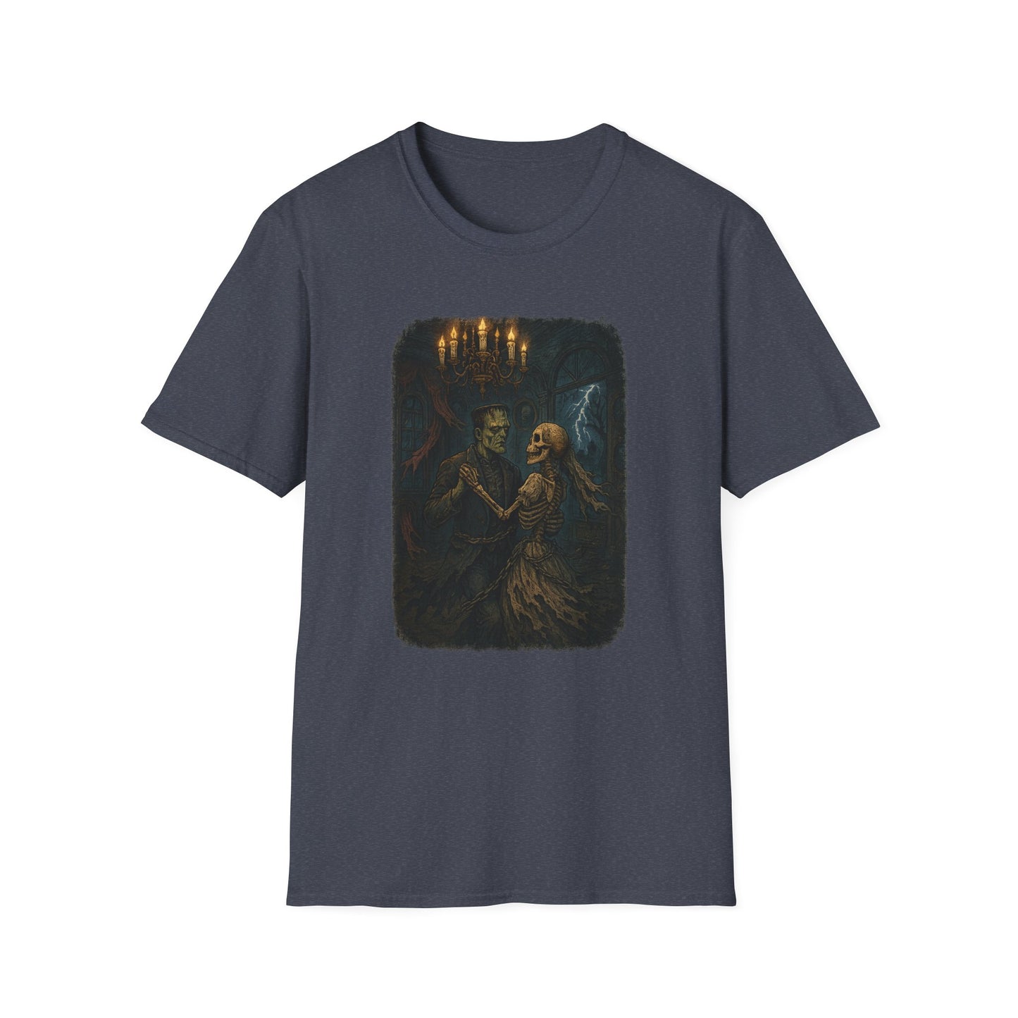 Dark gray Frankenstein couple t-shirt featuring a spooky dancing skeleton couple under a chandelier and lightning