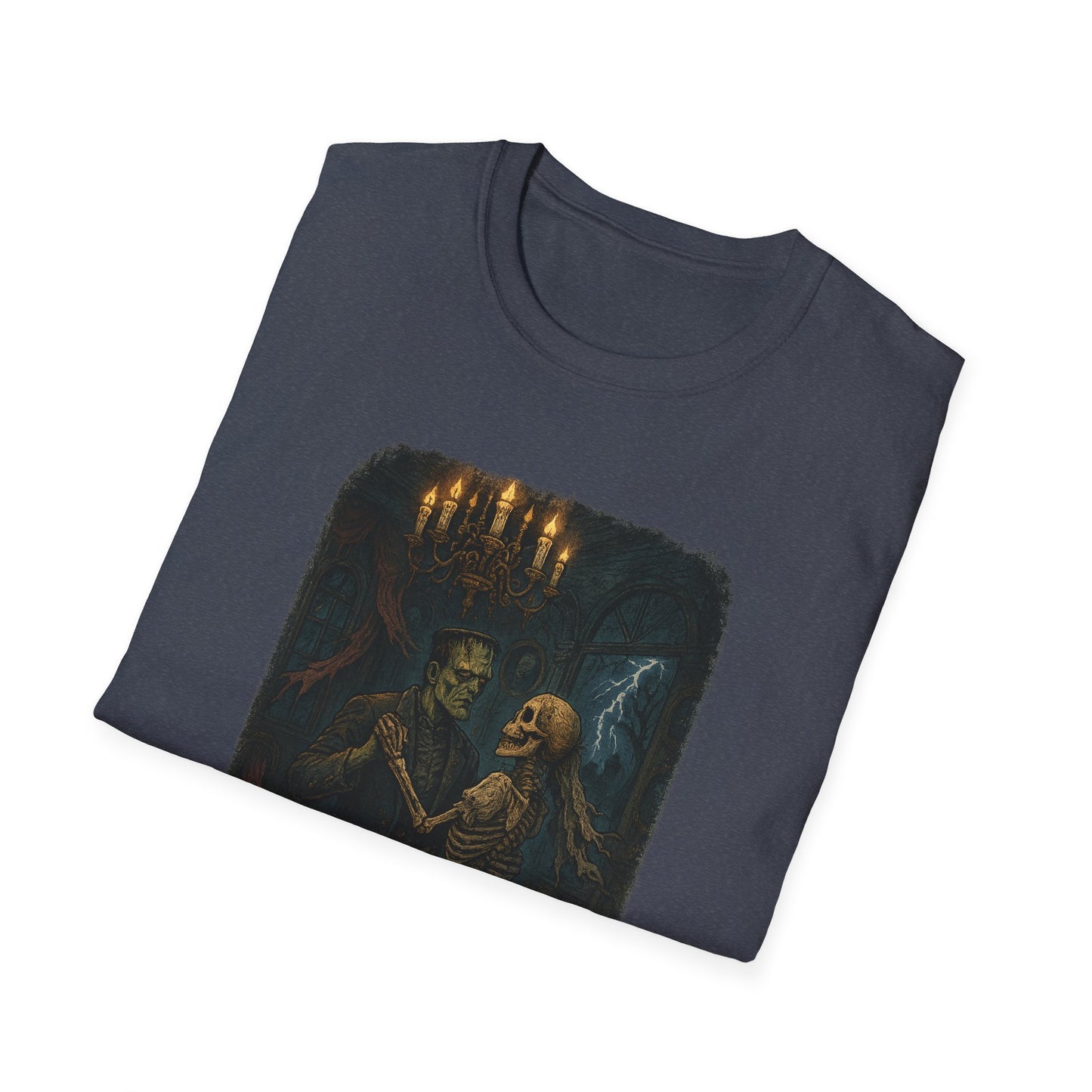 Printify dark gray Frankenstein couple t-shirt featuring a dancing Frankenstein monster and skeleton design