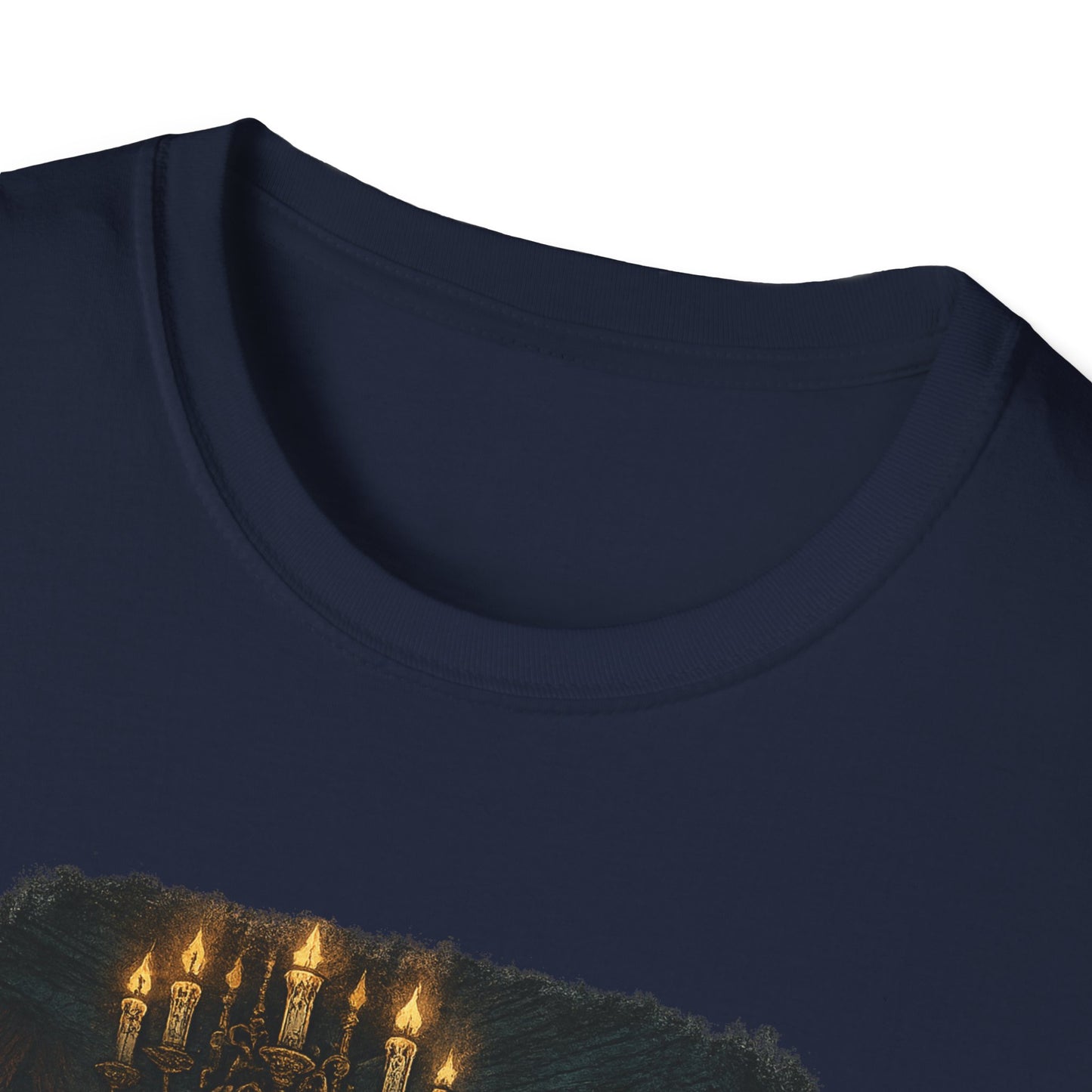 Printify navy blue Frankenstein couple t-shirt with glowing candle design near collar