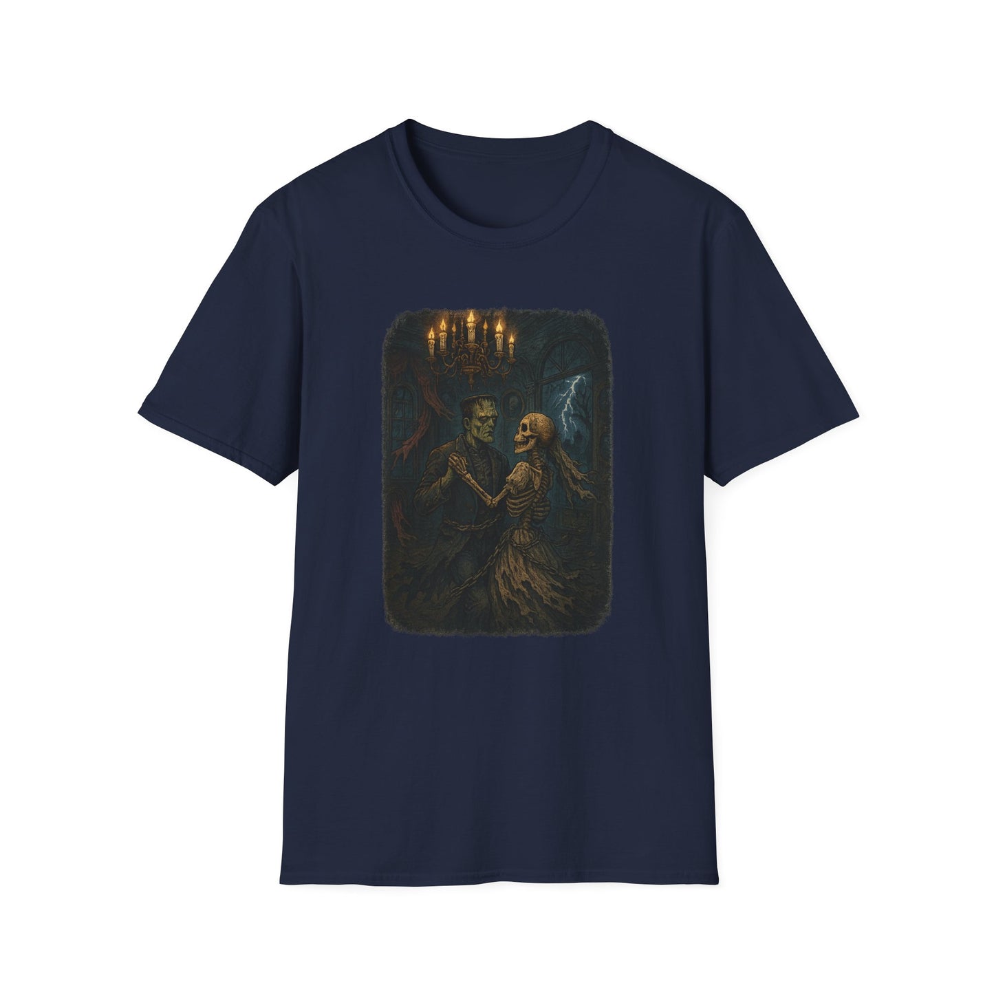 Navy Printify Frankenstein couple t-shirt featuring haunted dance scene with skeletons and dark gothic design