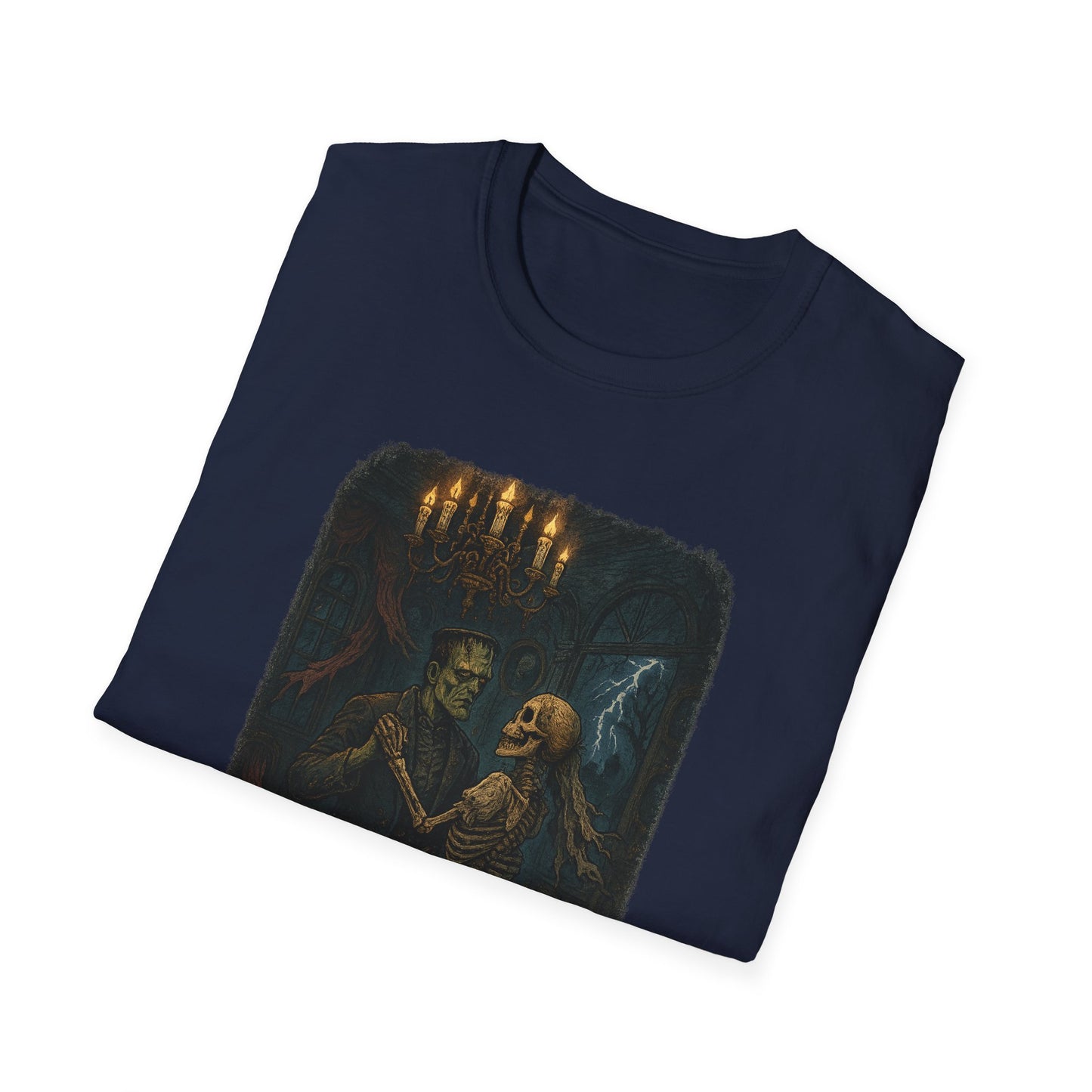 Navy Printify Frankenstein couple t-shirt featuring a spooky design of Frankenstein and a skeleton dancing