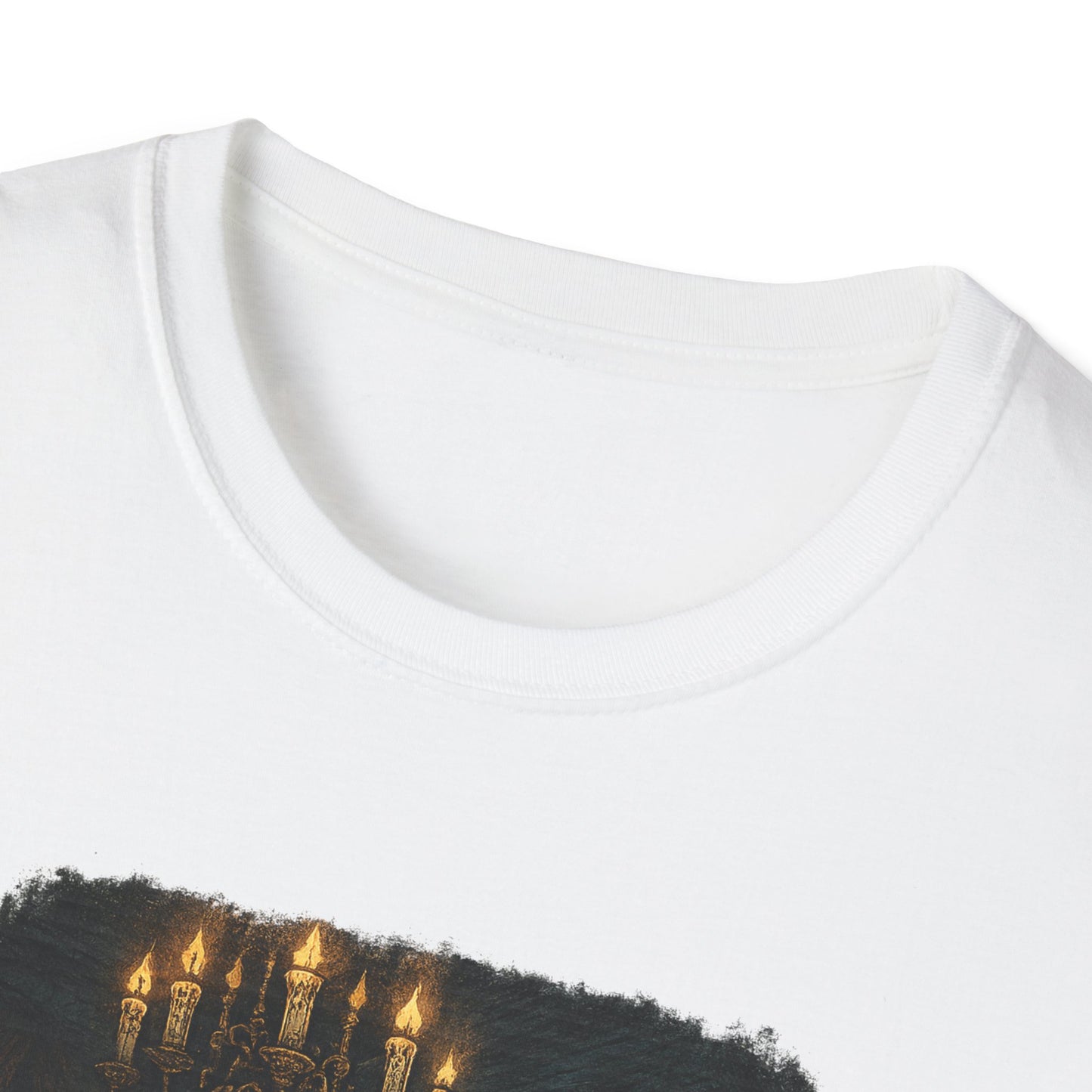 White Printify t-shirt featuring a spooky candlelit design for Frankenstein couple t-shirt