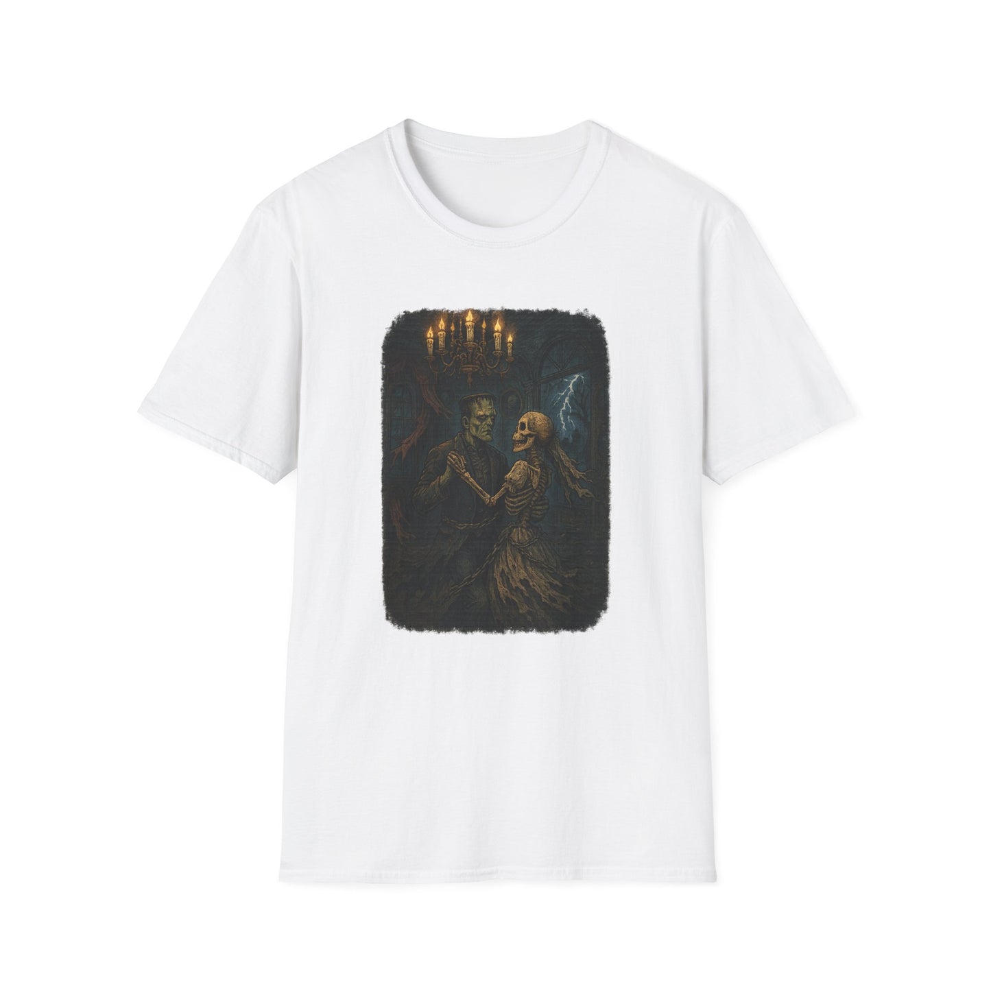 White Frankenstein couple t-shirt by Printify featuring a dark gothic design of Frankenstein and his bride dancing