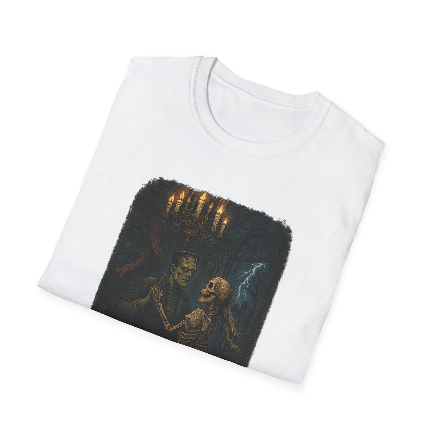 White Printify Frankenstein couple t-shirt featuring a spooky design of Frankenstein and skeleton dancing under a chandelier