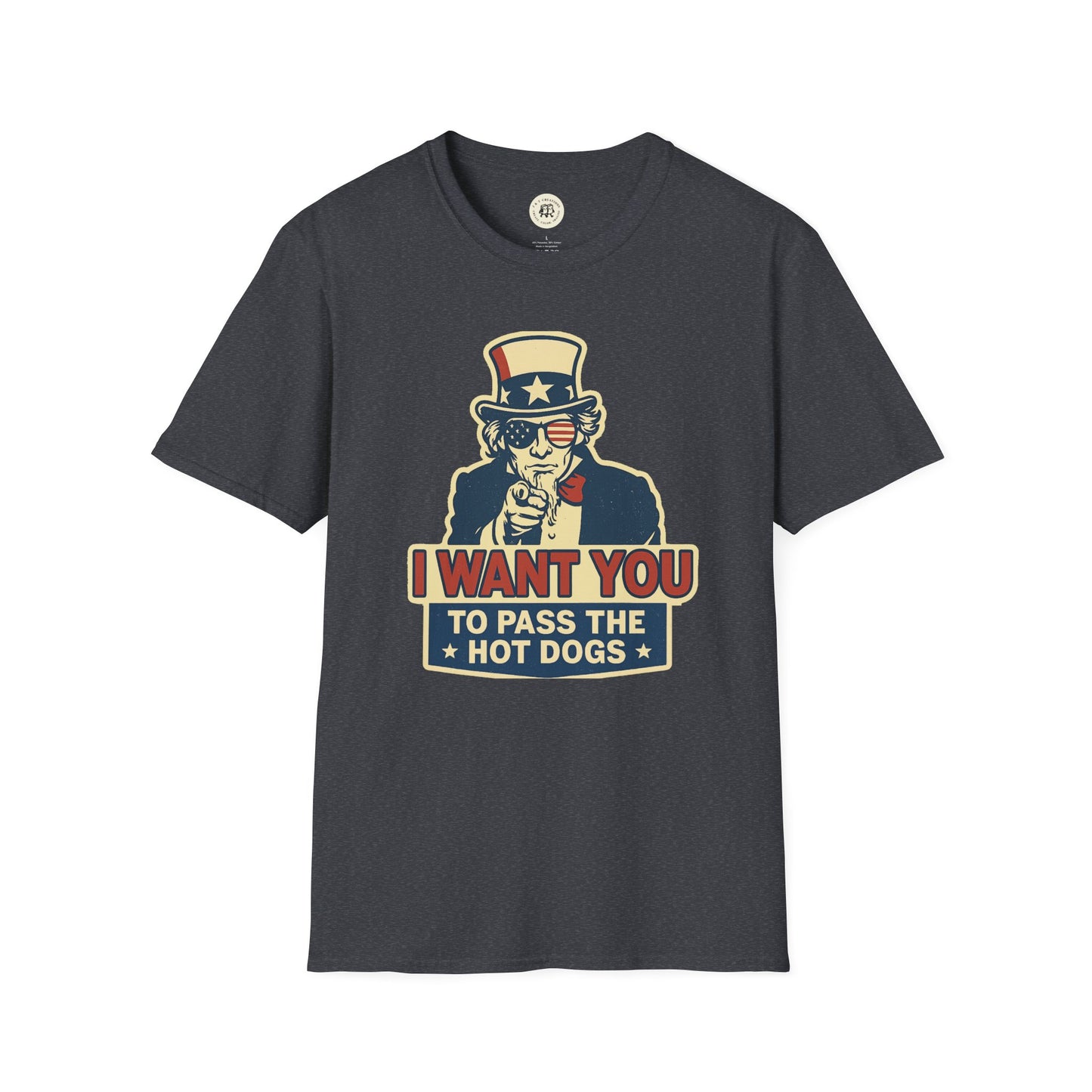 Printify funny Independence Day t-shirt with vintage Uncle Sam I want you to pass the hot dogs design
