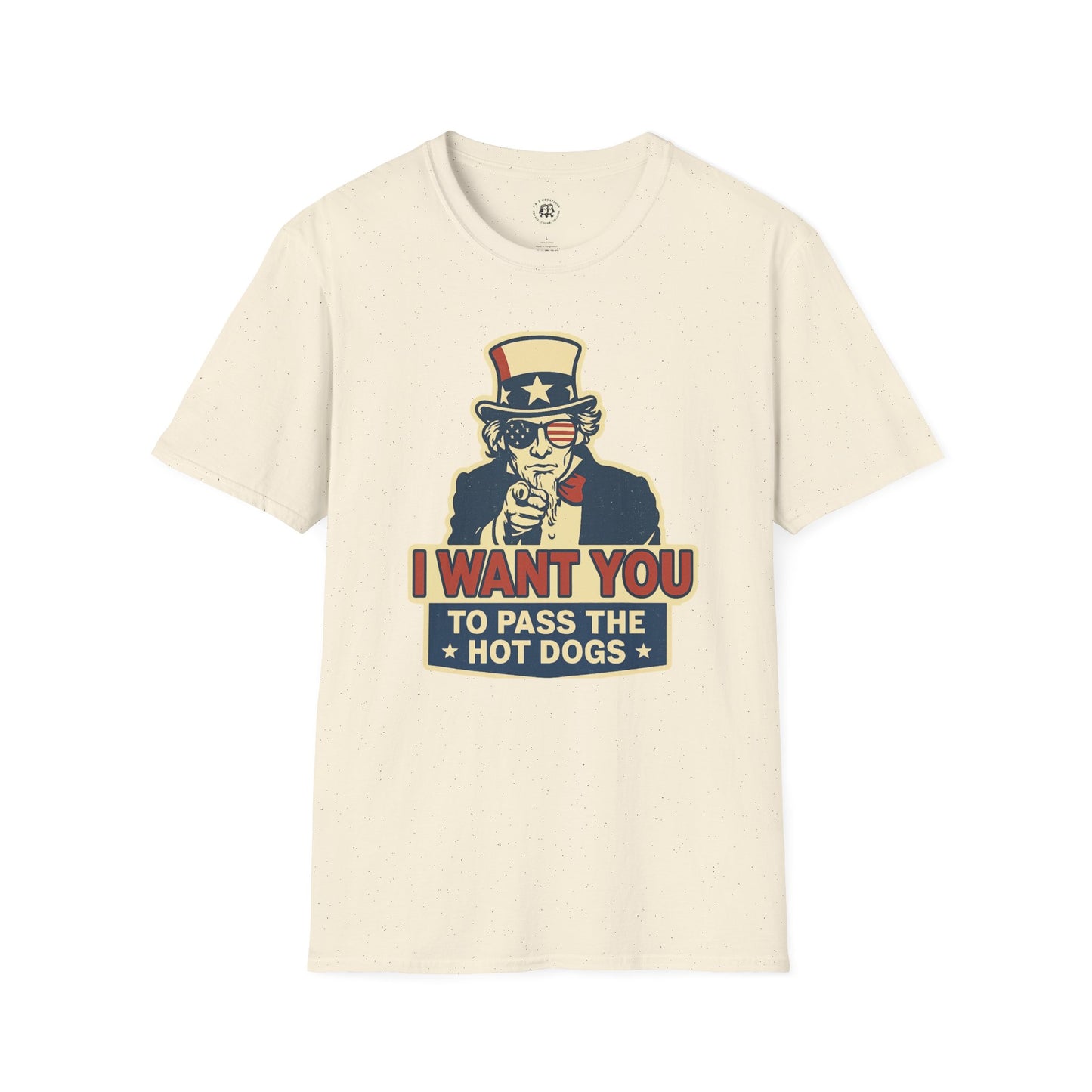 Printify funny Independence Day t-shirt with Uncle Sam graphic holding a hot dog and patriotic text