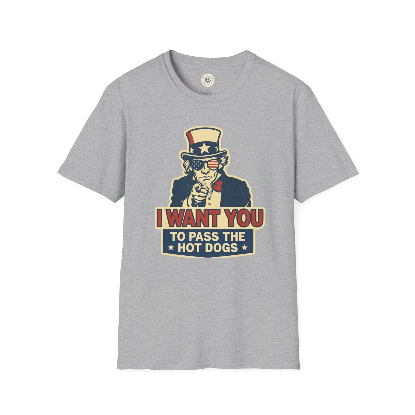 Printify funny Independence Day t-shirt with Uncle Sam graphic and hot dog pun on gray fabric