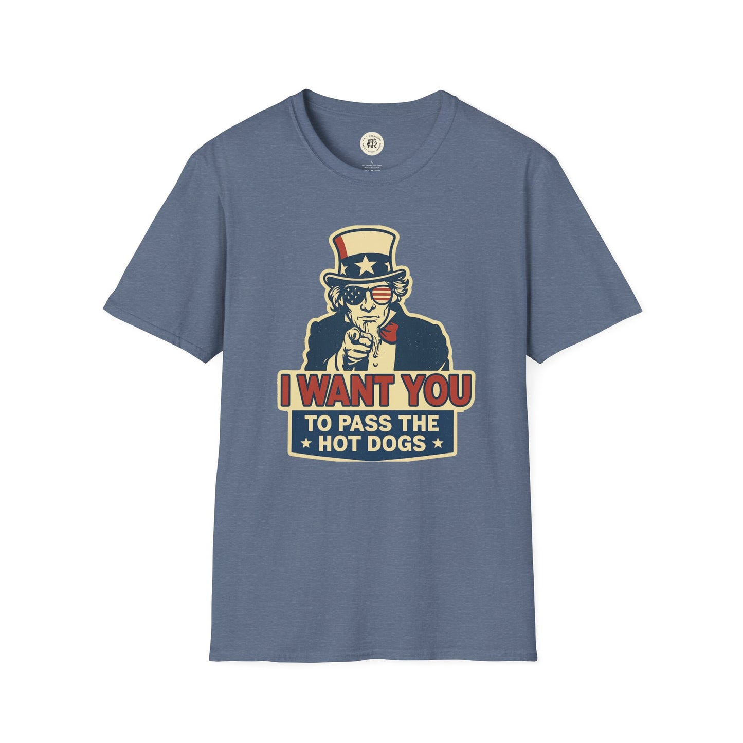Printify funny Independence Day t-shirt with Uncle Sam graphic saying I want you to pass the hot dogs