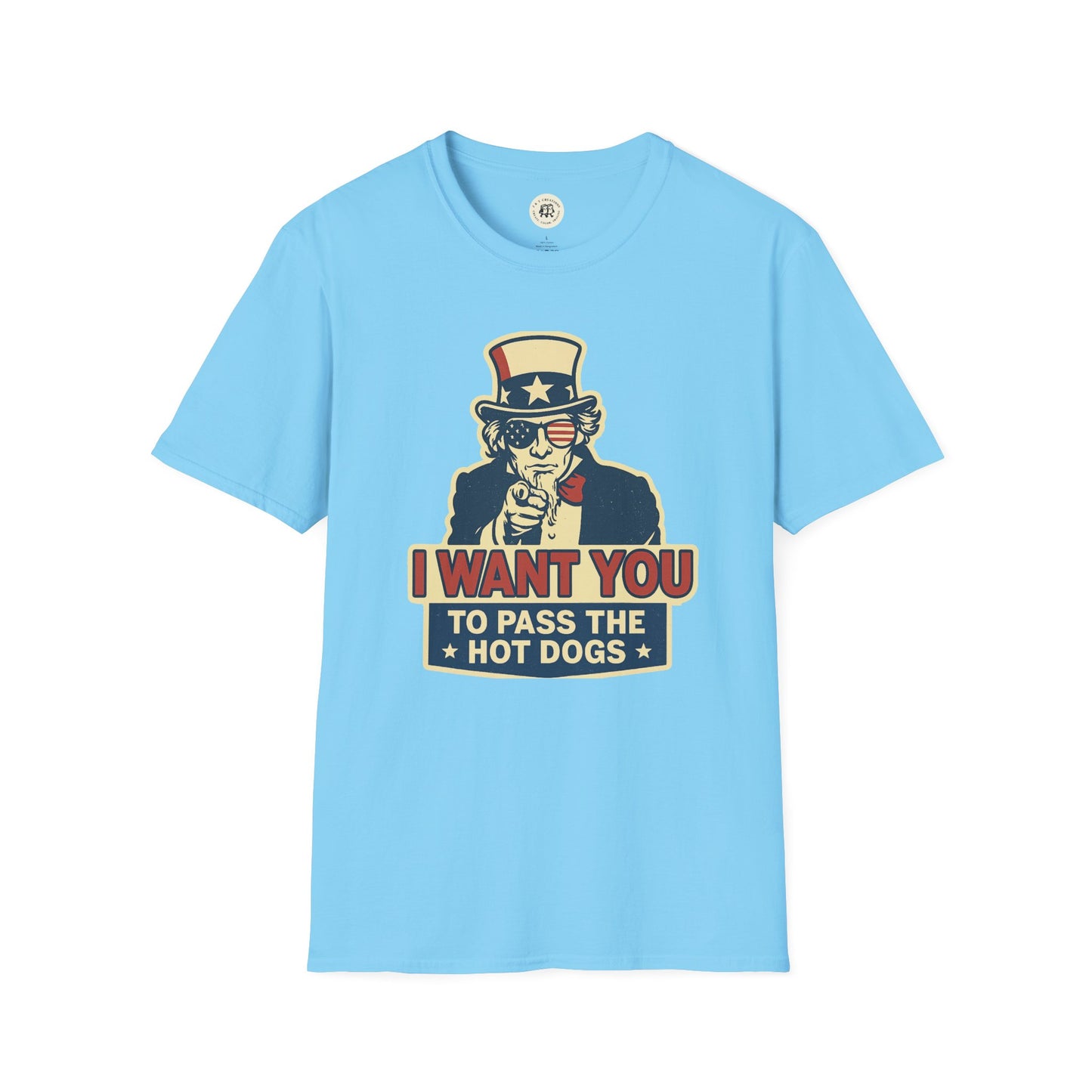 Light blue funny Independence Day t-shirt with Uncle Sam graphic saying I want you to pass the hot dogs