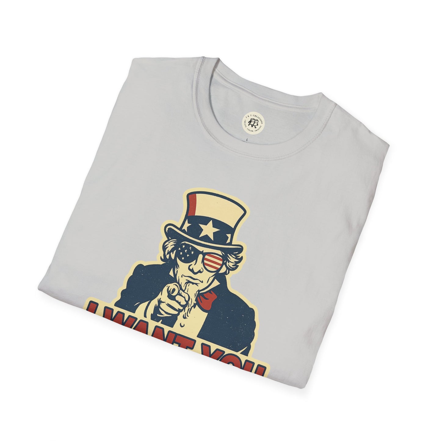 Gray funny Independence Day t-shirt with Uncle Sam pointing and American flag sunglasses design