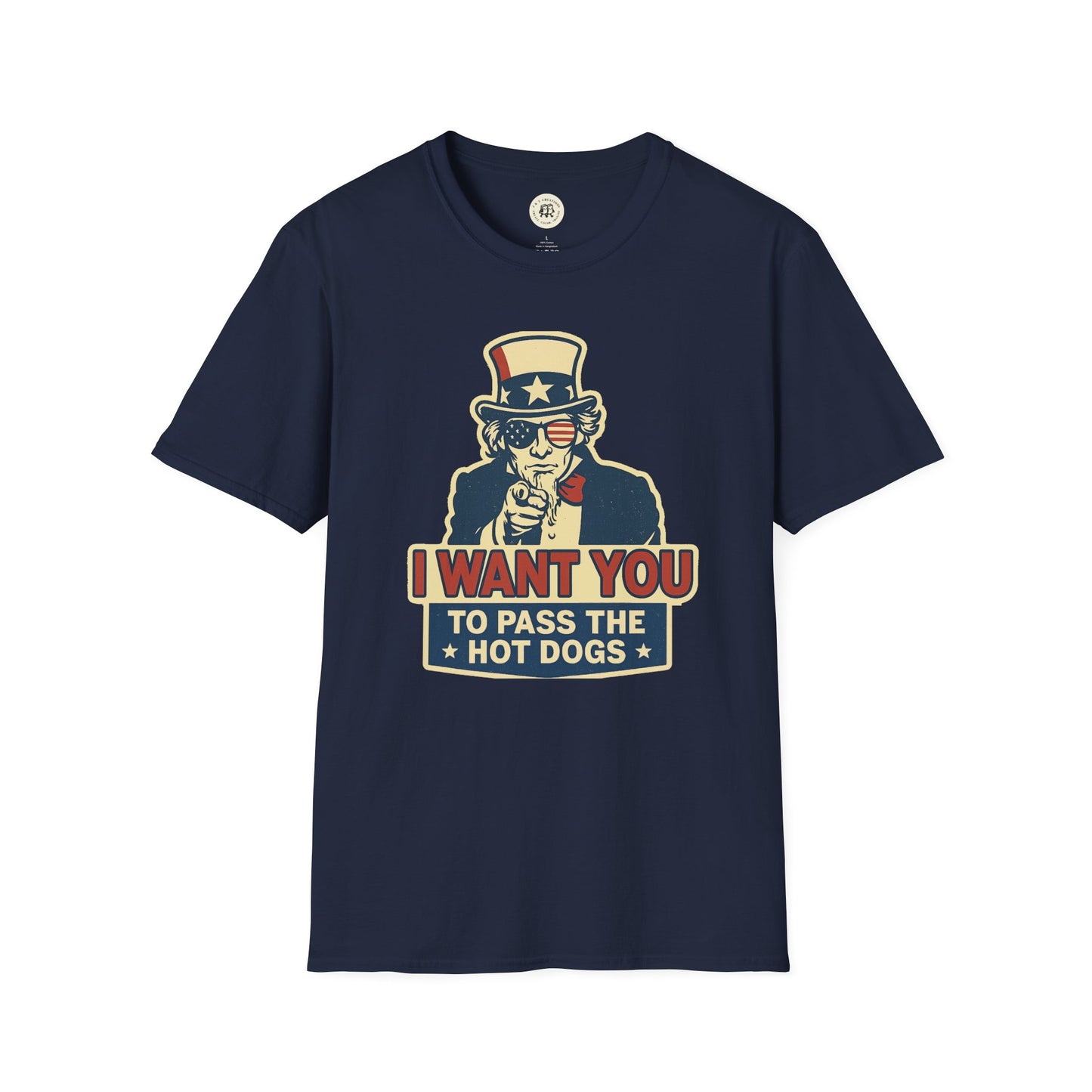 Printify navy funny Independence Day t-shirt with Uncle Sam graphic and hot dogs text