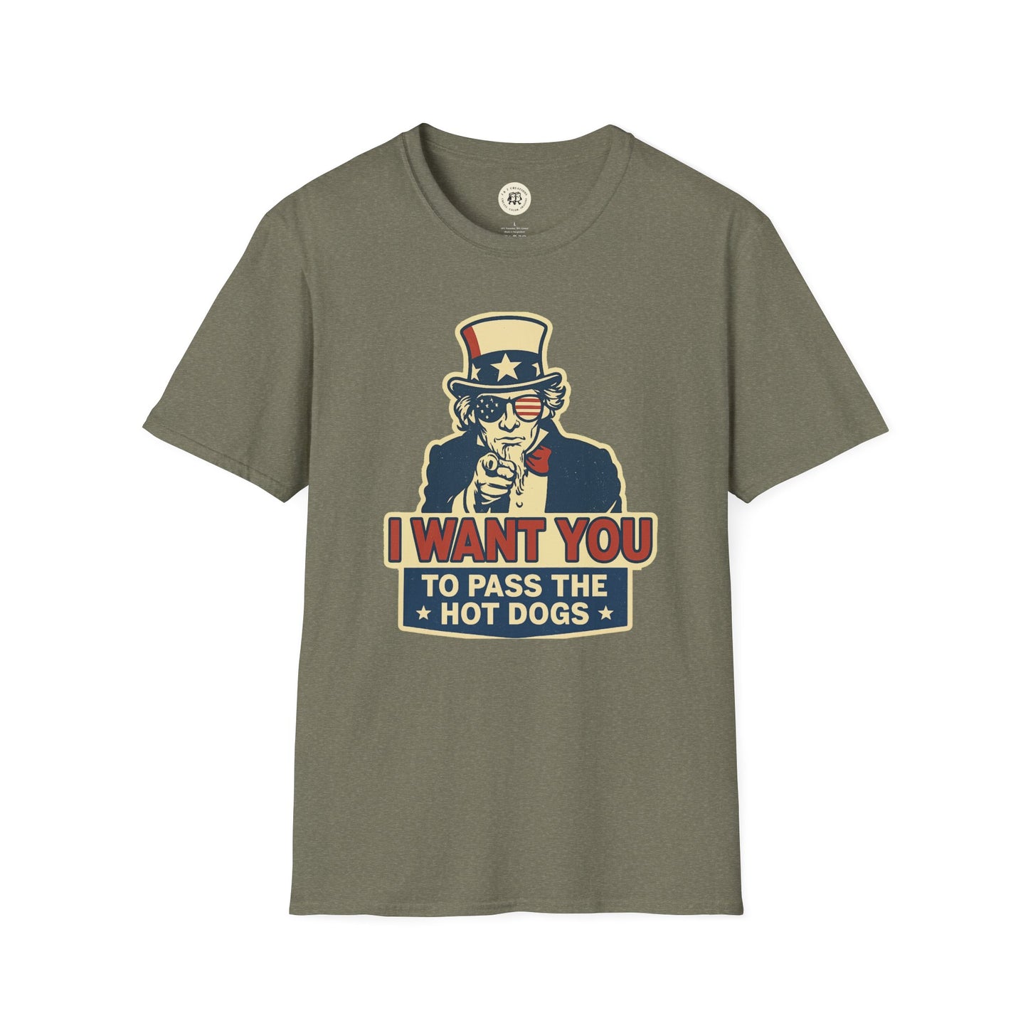 Printify funny Independence Day t-shirt with Uncle Sam graphic and I Want You to Pass the Hot Dogs text