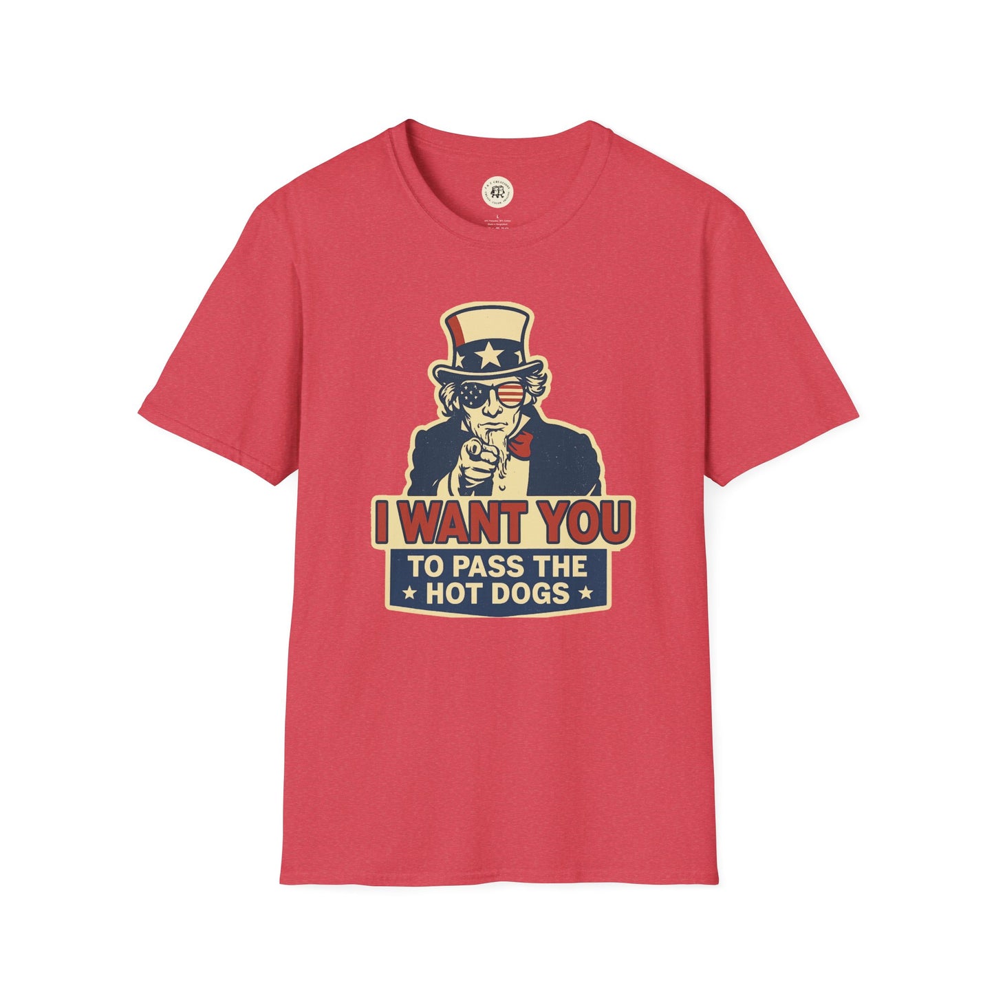 Red funny Independence Day t-shirt featuring Uncle Sam with sunglasses and hot dogs text