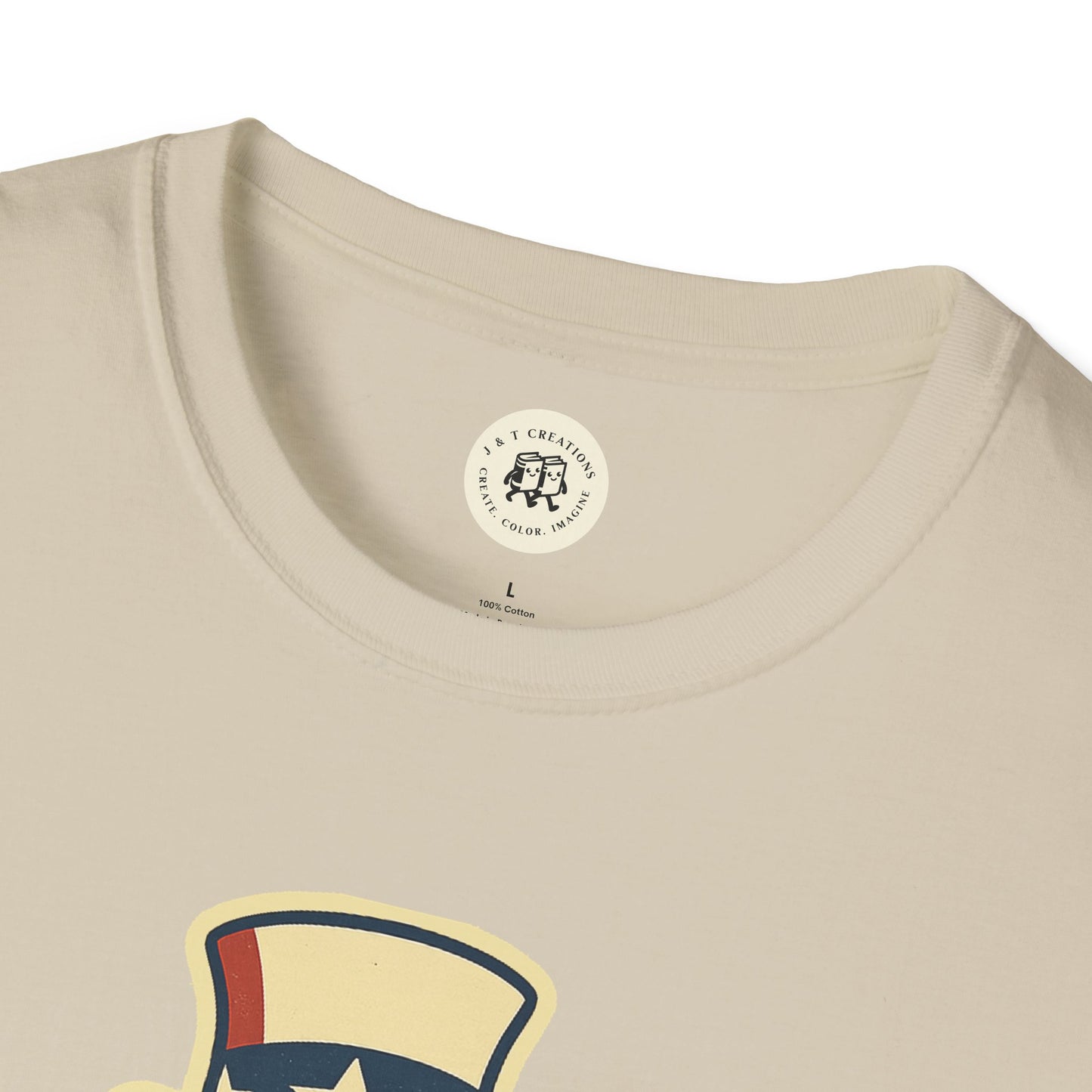 Close-up of beige funny Independence Day t-shirt collar and upper print design by Printify