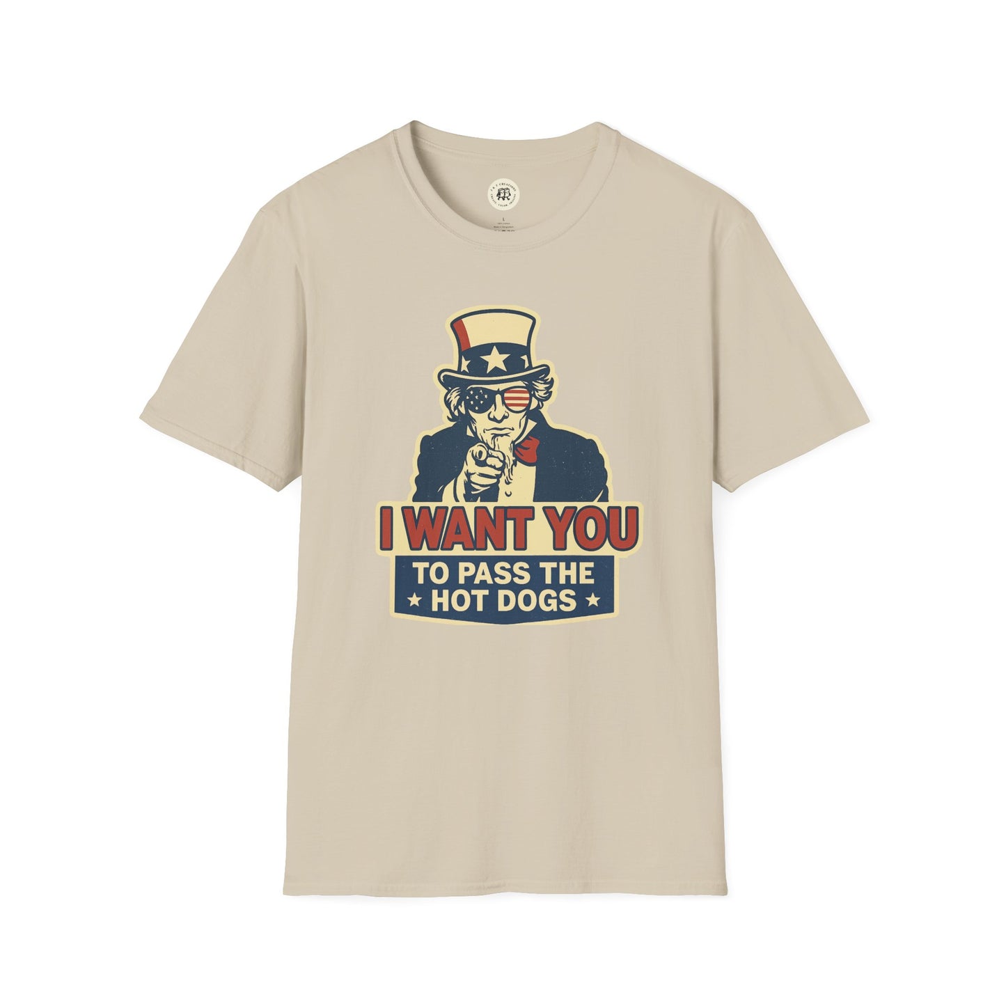 Printify funny Independence Day t-shirt with Uncle Sam graphic and I want you to pass the hot dogs text