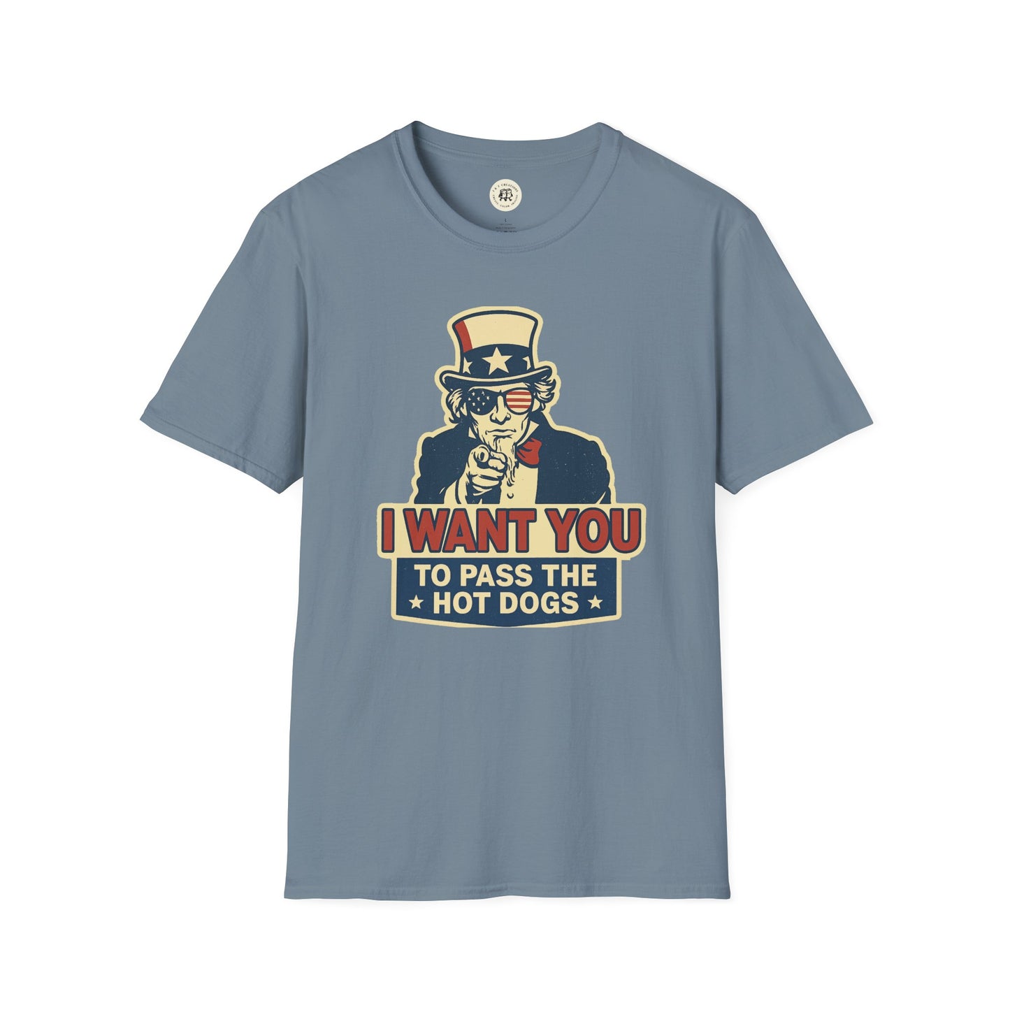 Printify funny Independence Day t-shirt with Uncle Sam graphic and hot dogs text on blue fabric