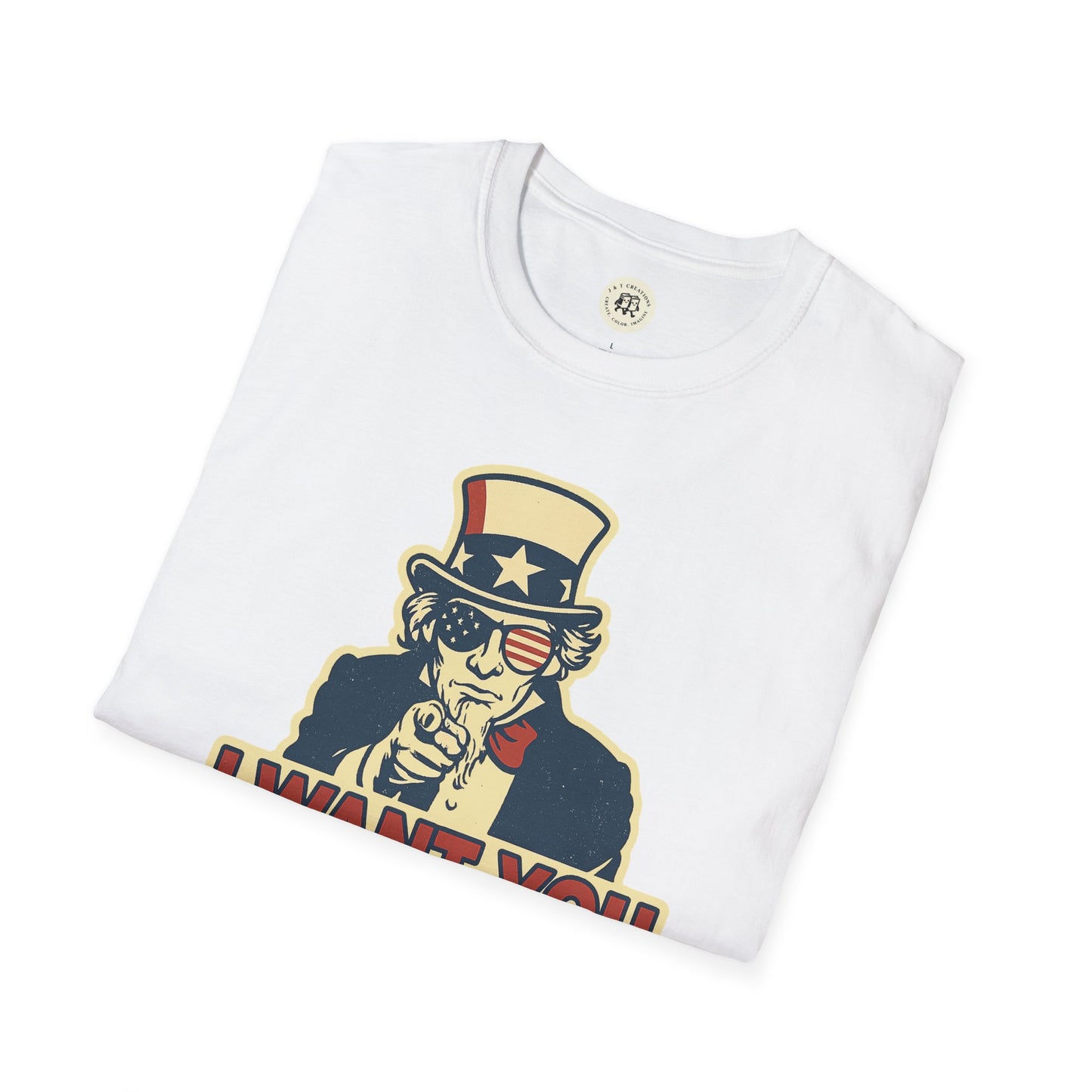 White funny Independence Day t-shirt with patriotic Uncle Sam graphic pointing forward