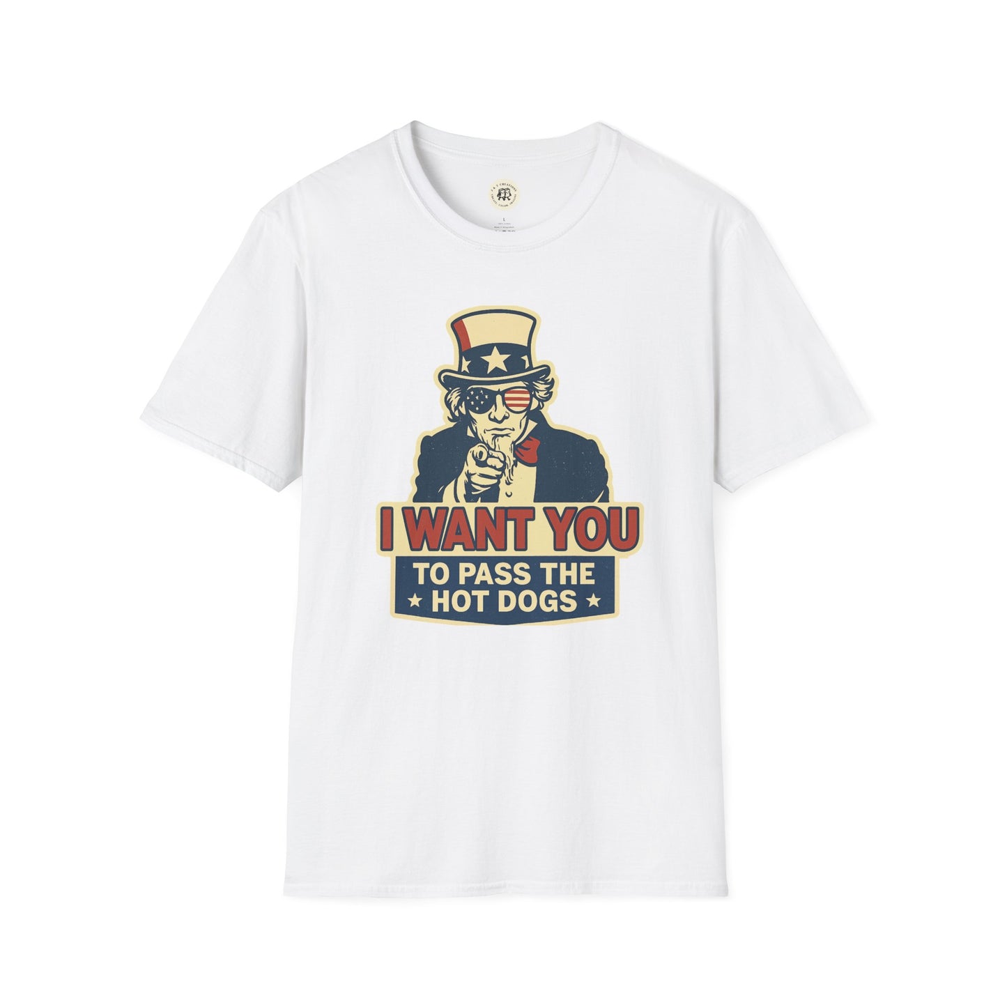 White Printify funny Independence Day t-shirt with Uncle Sam pointing and hot dogs message