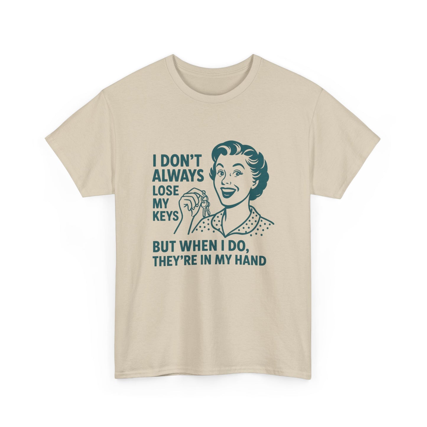 Beige funny key holder t-shirt with retro woman and humorous keys quote by Printify