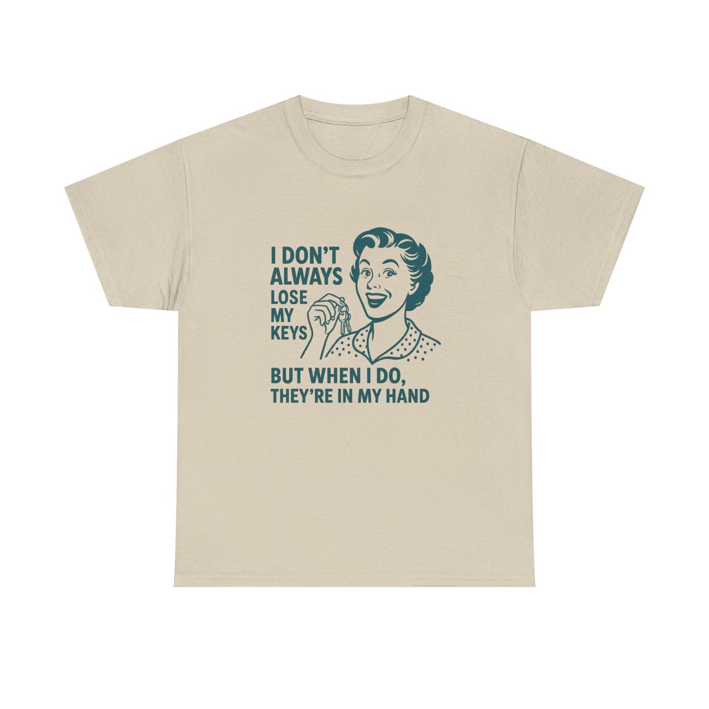 Printify funny key holder t-shirt with retro woman graphic and humorous keys quote in blue text
