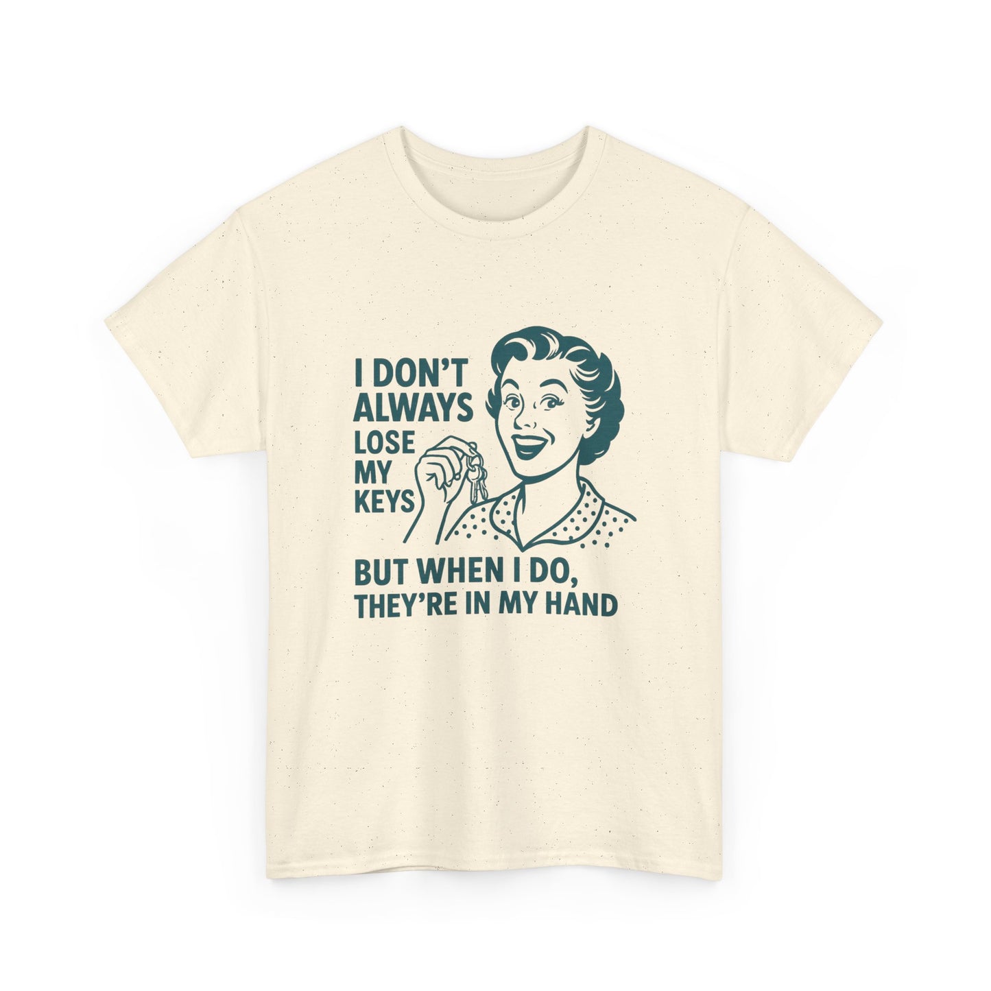 Funny key holder t-shirt by Printify with retro woman holding keys and humorous text