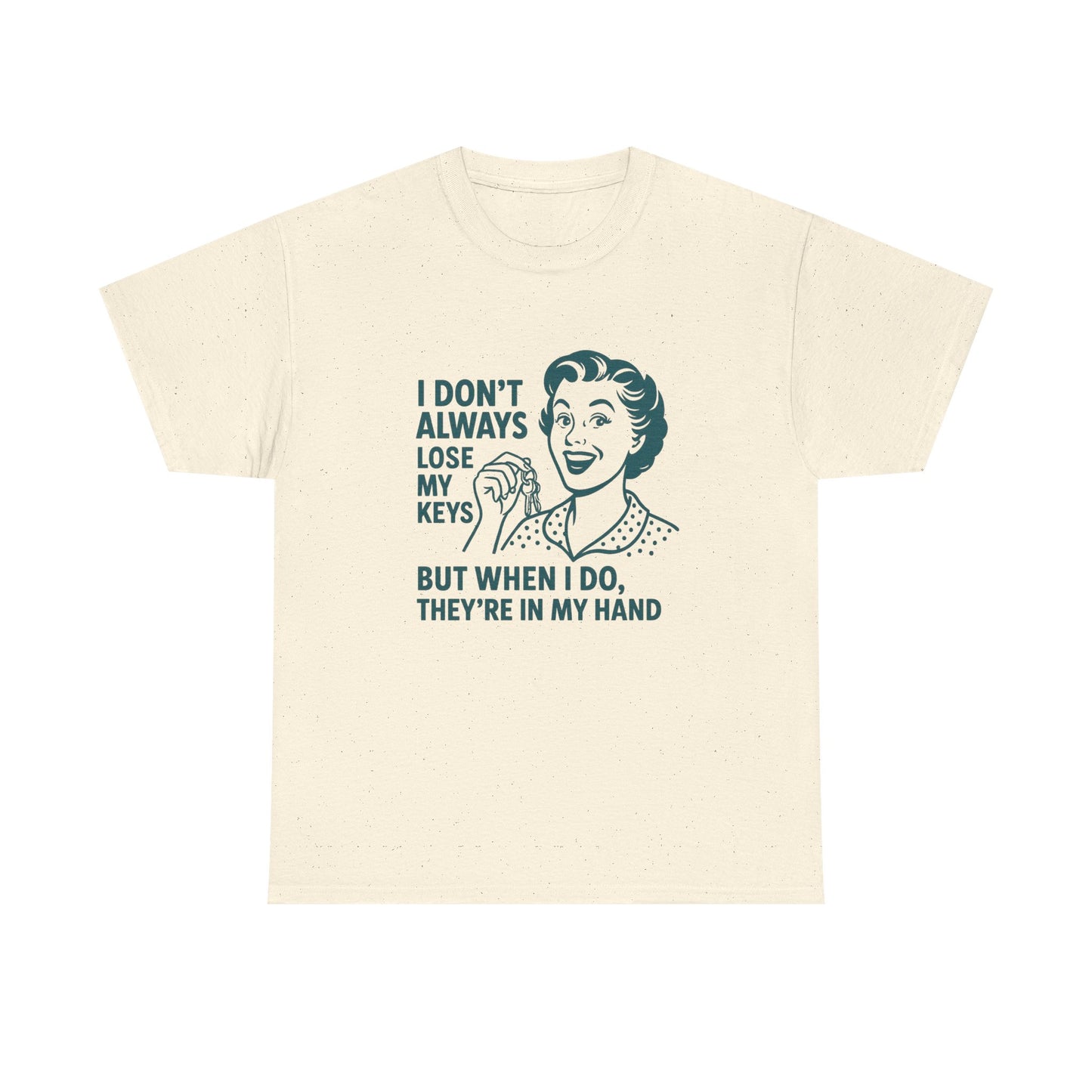 Printify funny key holder t-shirt in cream with retro woman and humorous key loss quote