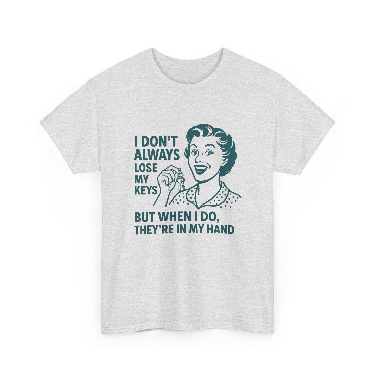 Printify funny key holder t-shirt with retro woman graphic and humorous text about losing keys