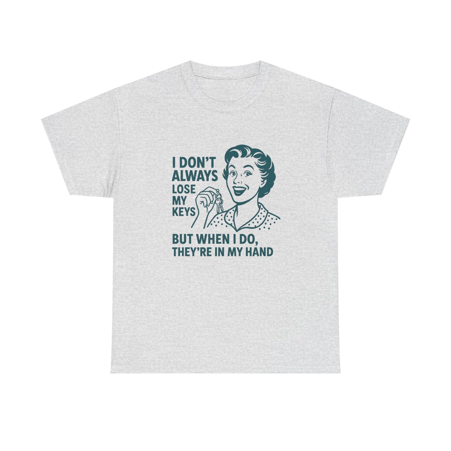 Printify funny key holder t-shirt with retro woman graphic and humorous key loss text on light gray fabric