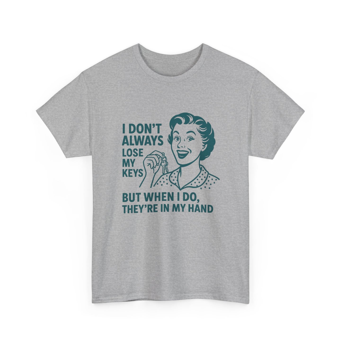 Printify funny key holder t-shirt in gray with retro woman holding keys and humorous text design