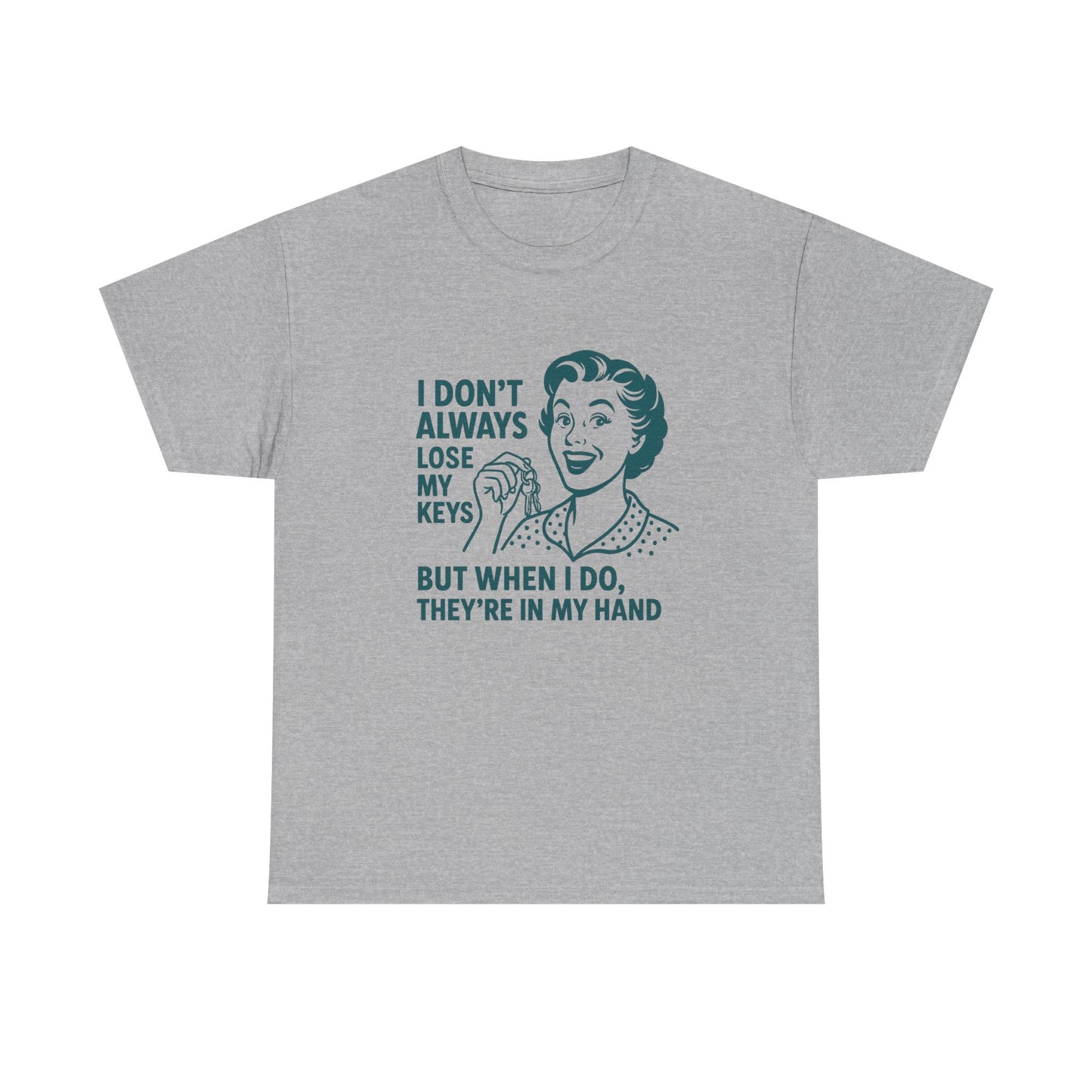 Gray funny key holder t-shirt with retro woman graphic and humorous key loss quote print