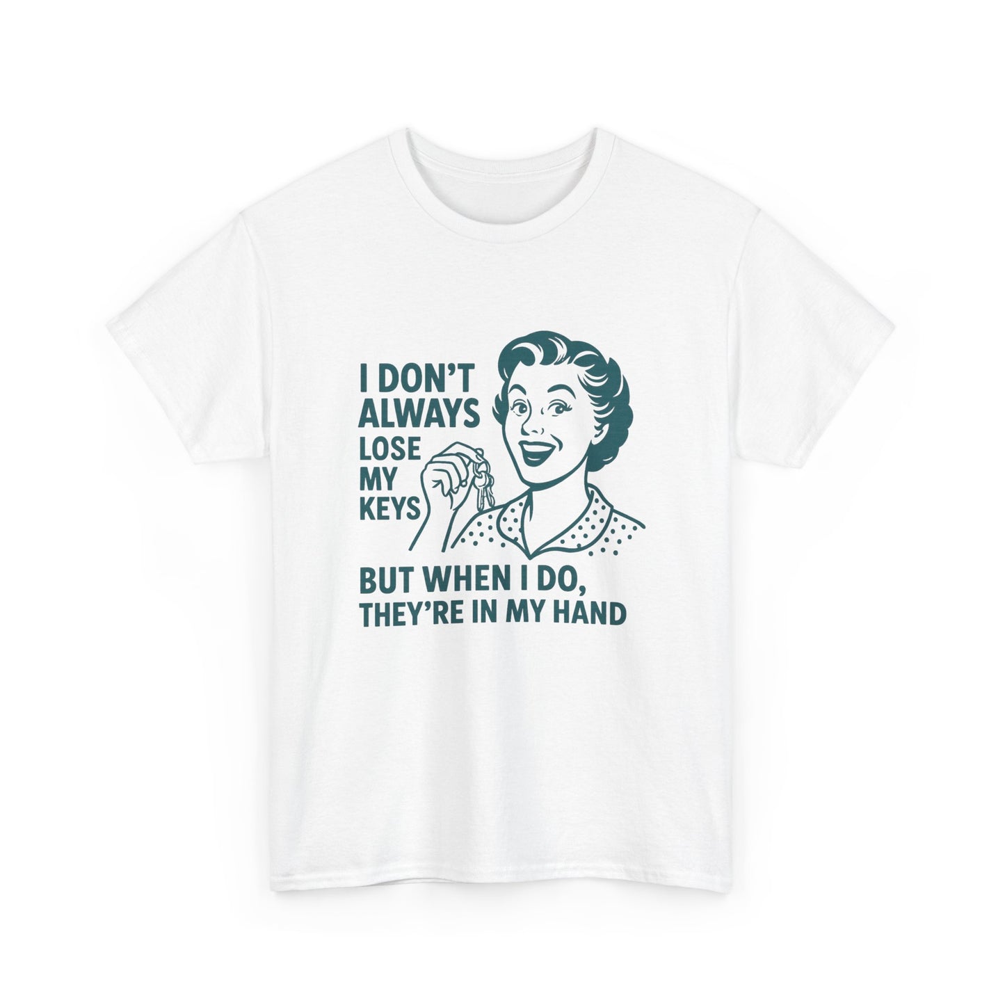 White funny key holder t-shirt with retro woman graphic and humorous key loss quote from Printify