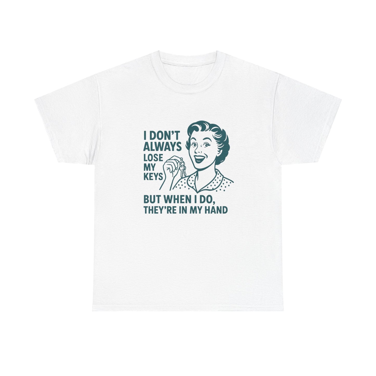 White funny key holder t-shirt with retro woman graphic and humorous text about losing keys