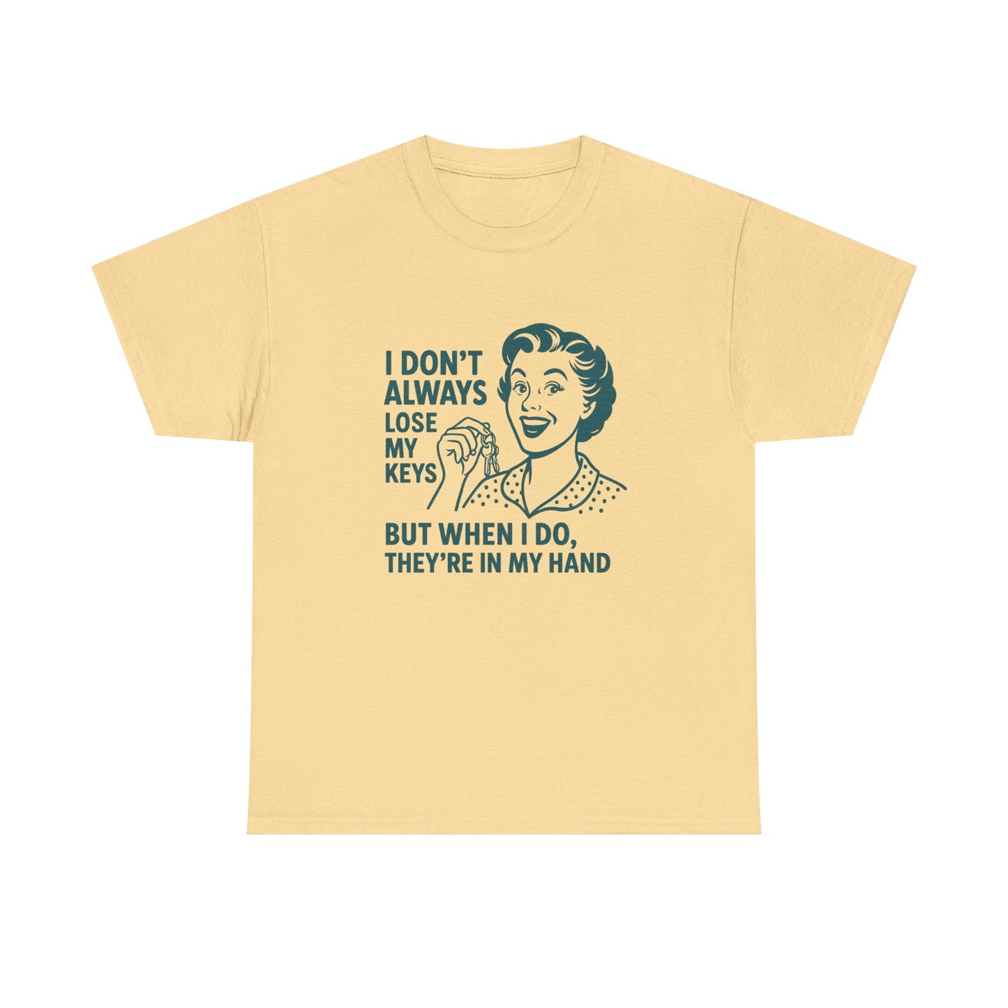 Printify funny key holder t-shirt in beige with retro woman graphic and humorous key loss quote