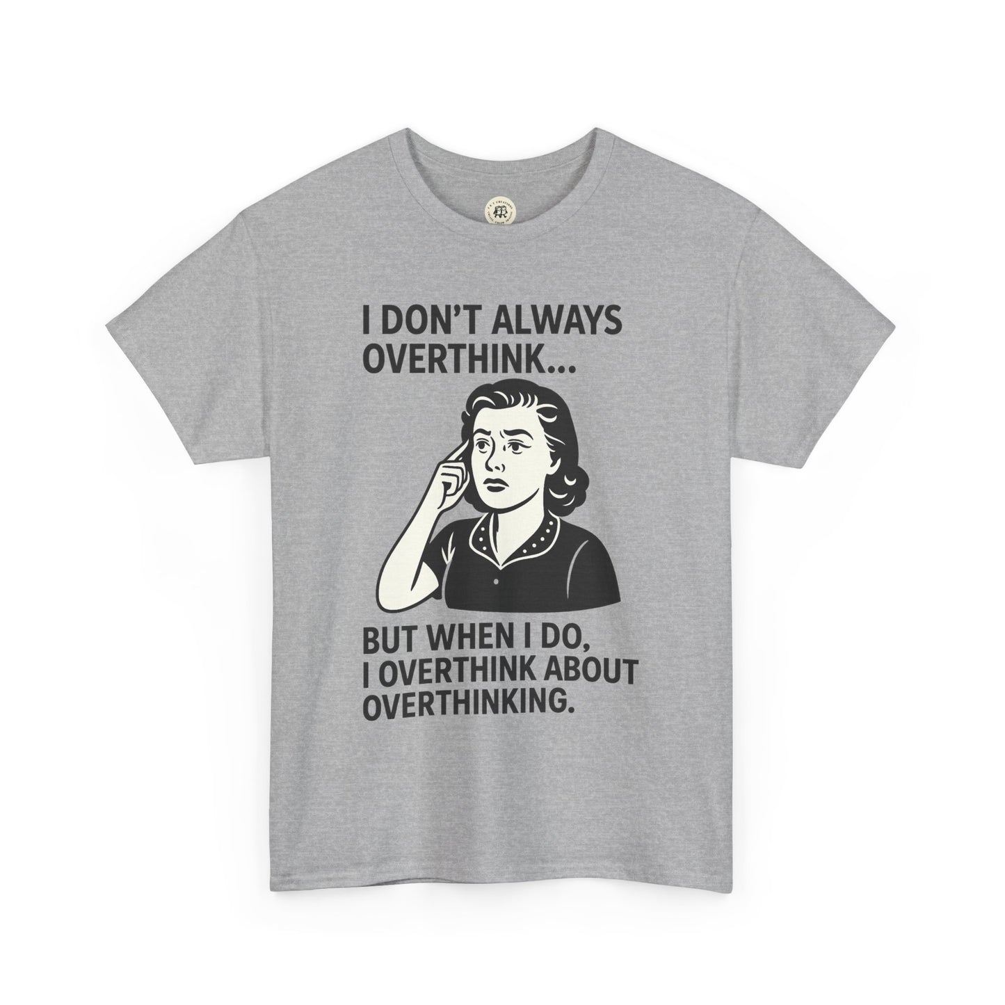 Gray Printify funny overthinking t-shirt with retro woman graphic and humorous overthinking text