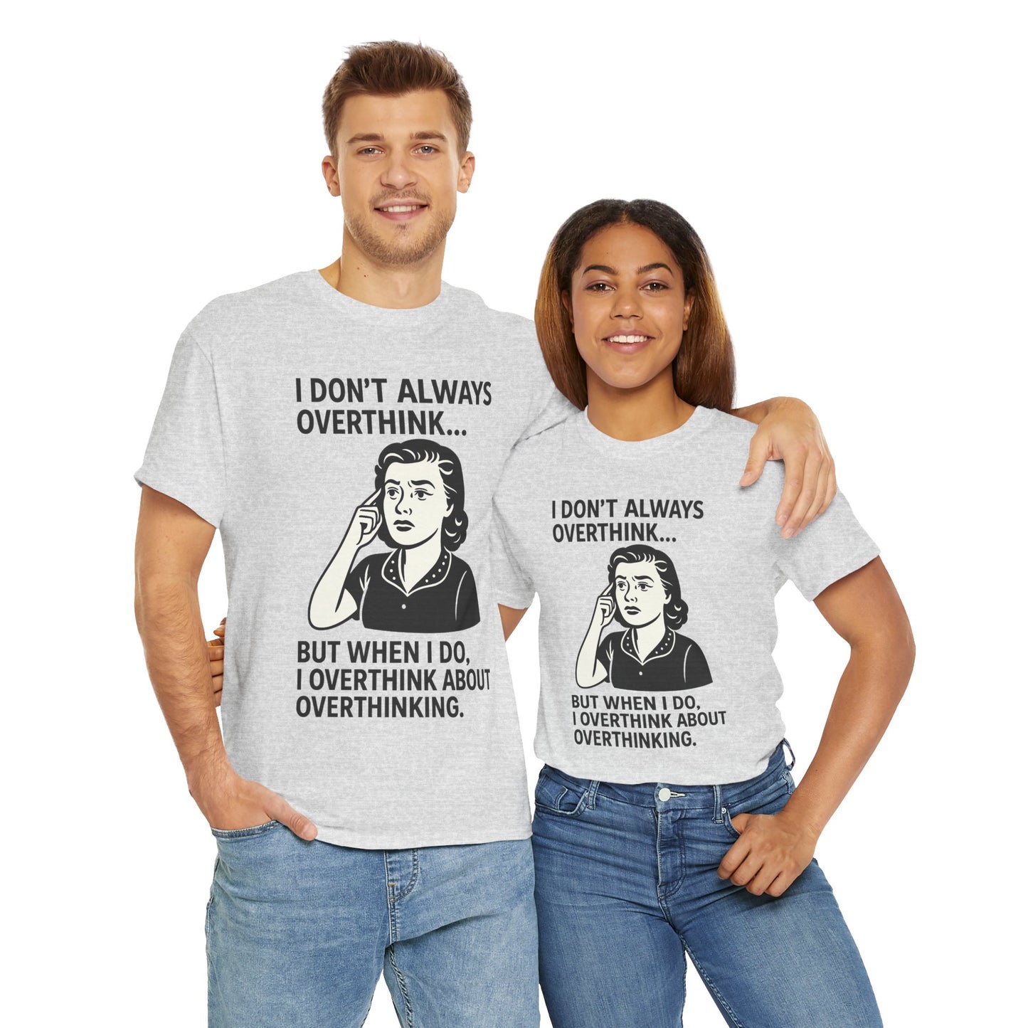 Funny overthinking t-shirt in light gray with a retro woman and humorous overthinking quote