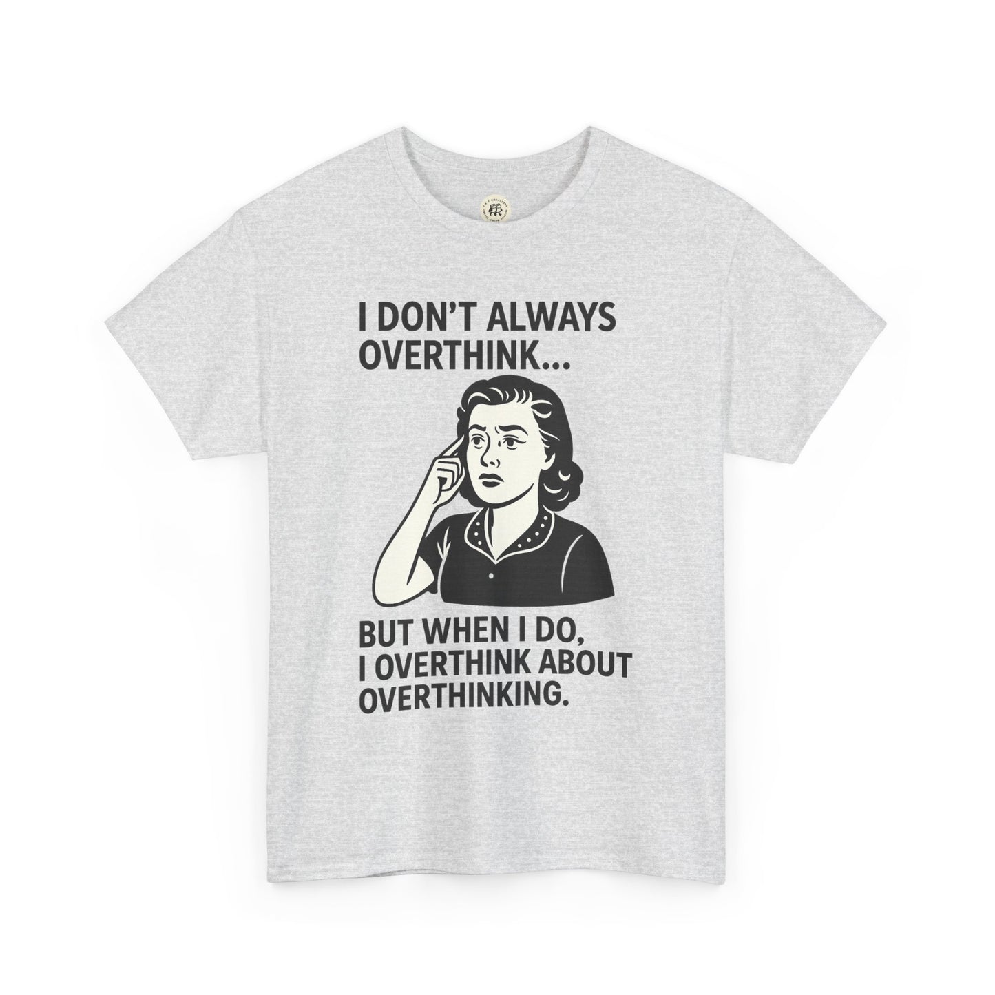 Printify funny overthinking t-shirt with humorous overthink text and retro woman graphic on gray fabric