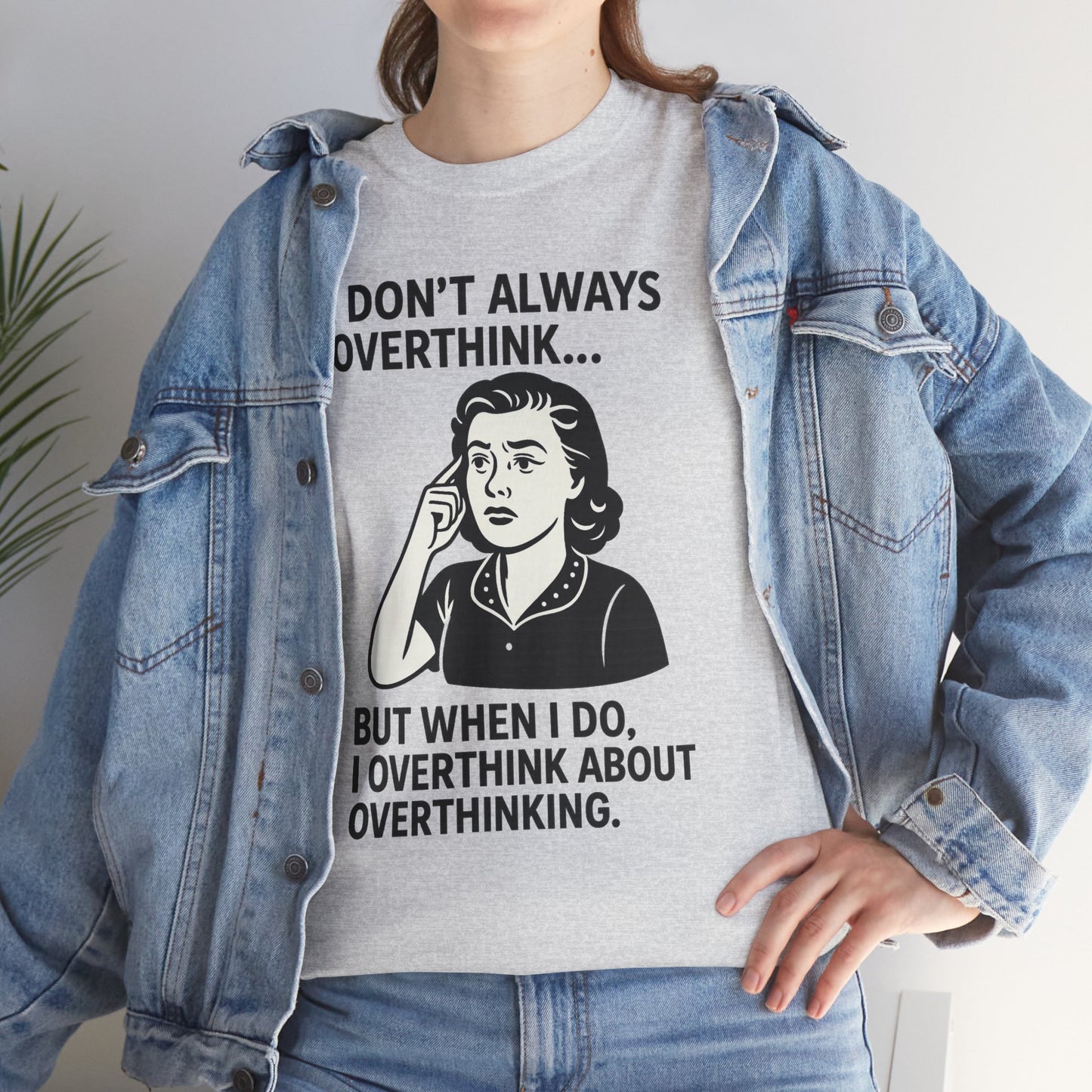 Funny overthinking t-shirt by Printify with comic-style woman and overthink quote in black text