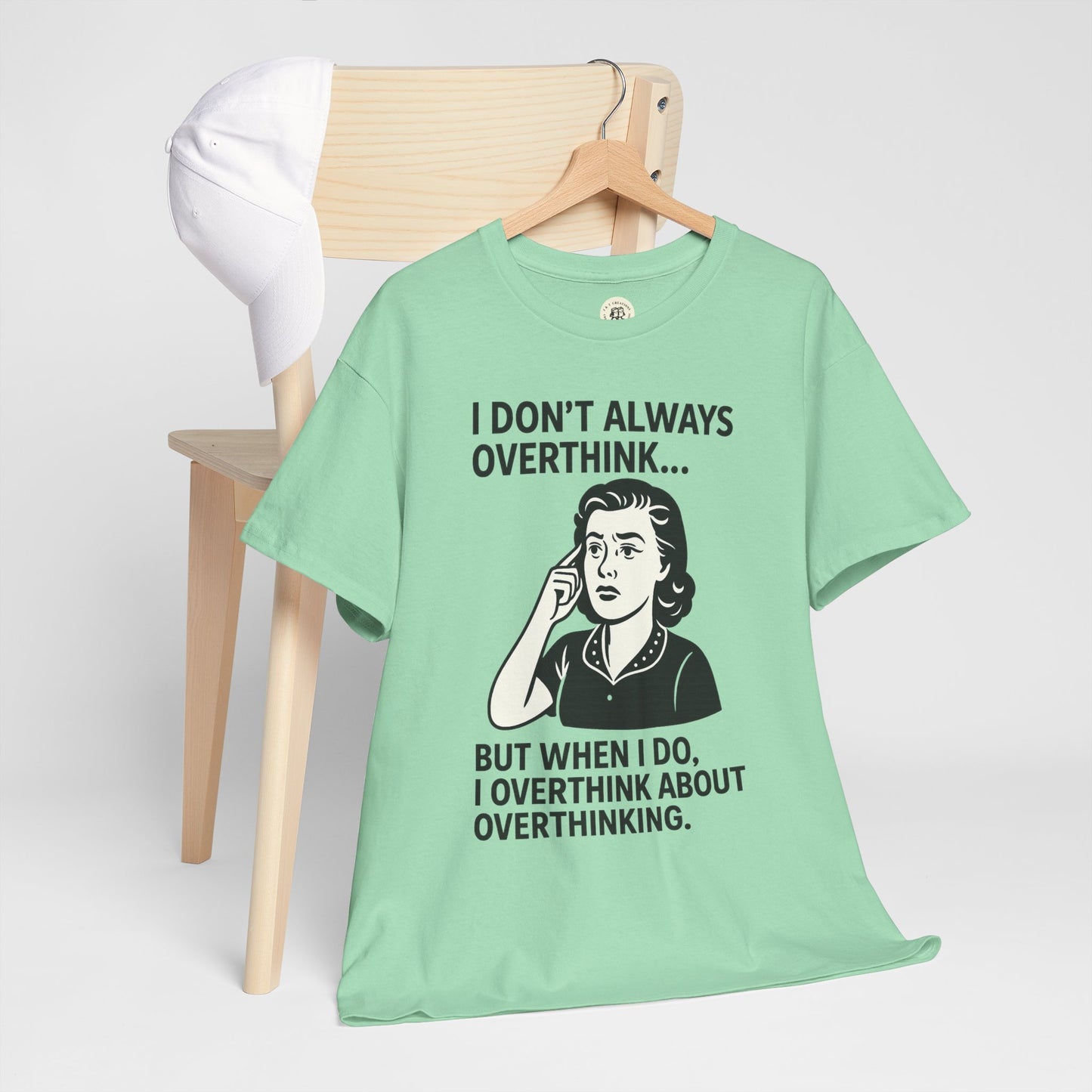 Mint green funny overthinking t-shirt with humorous overthink text and vintage style graphic