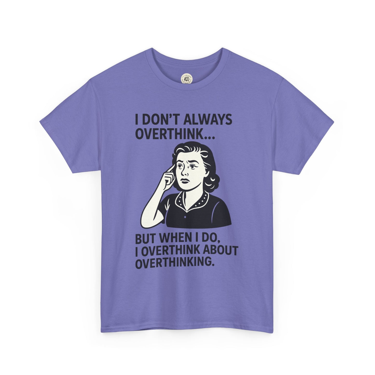 Purple funny overthinking t-shirt from Printify with a retro woman graphic and humorous overthinking text