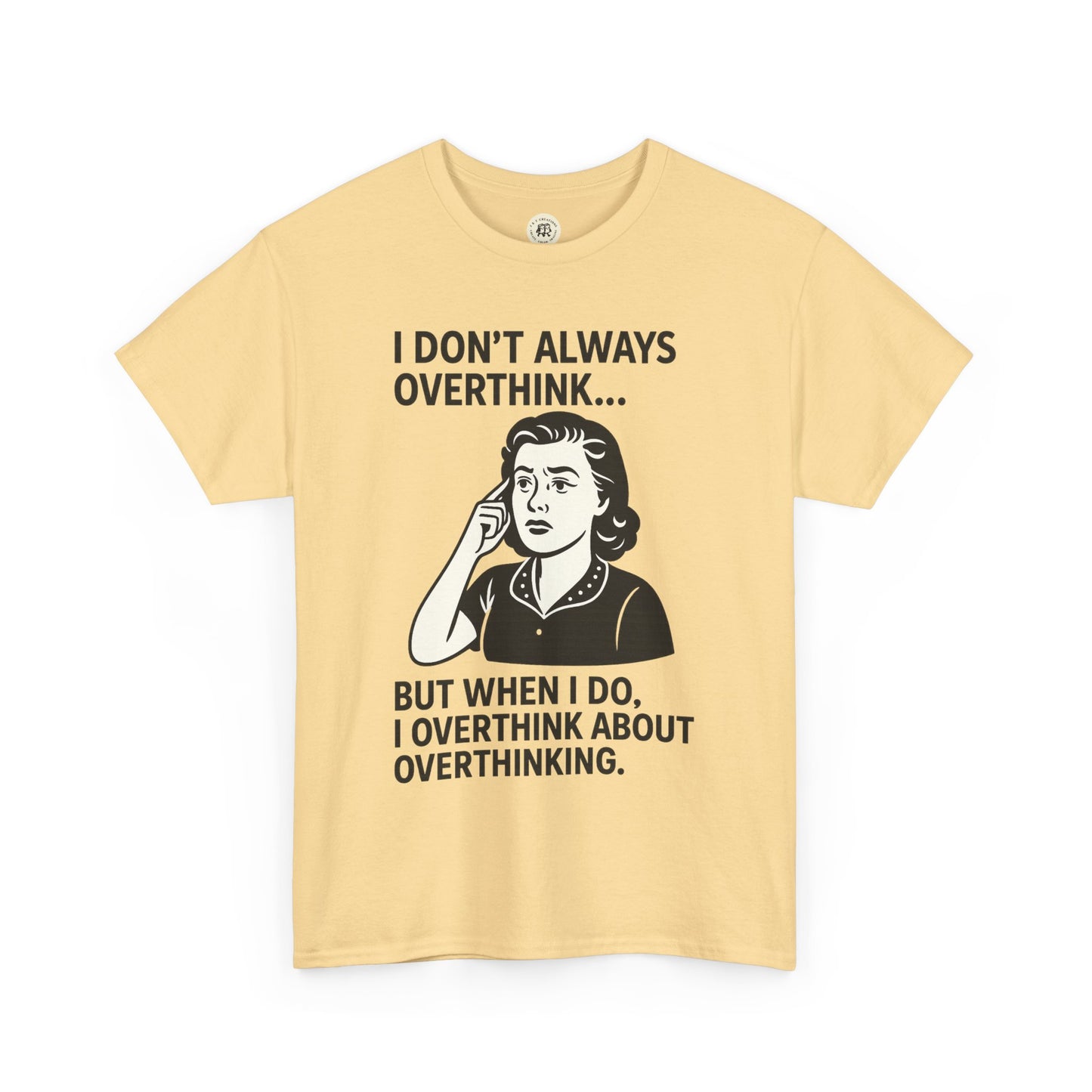 Printify funny overthinking t-shirt in beige with humorous text and vintage woman illustration