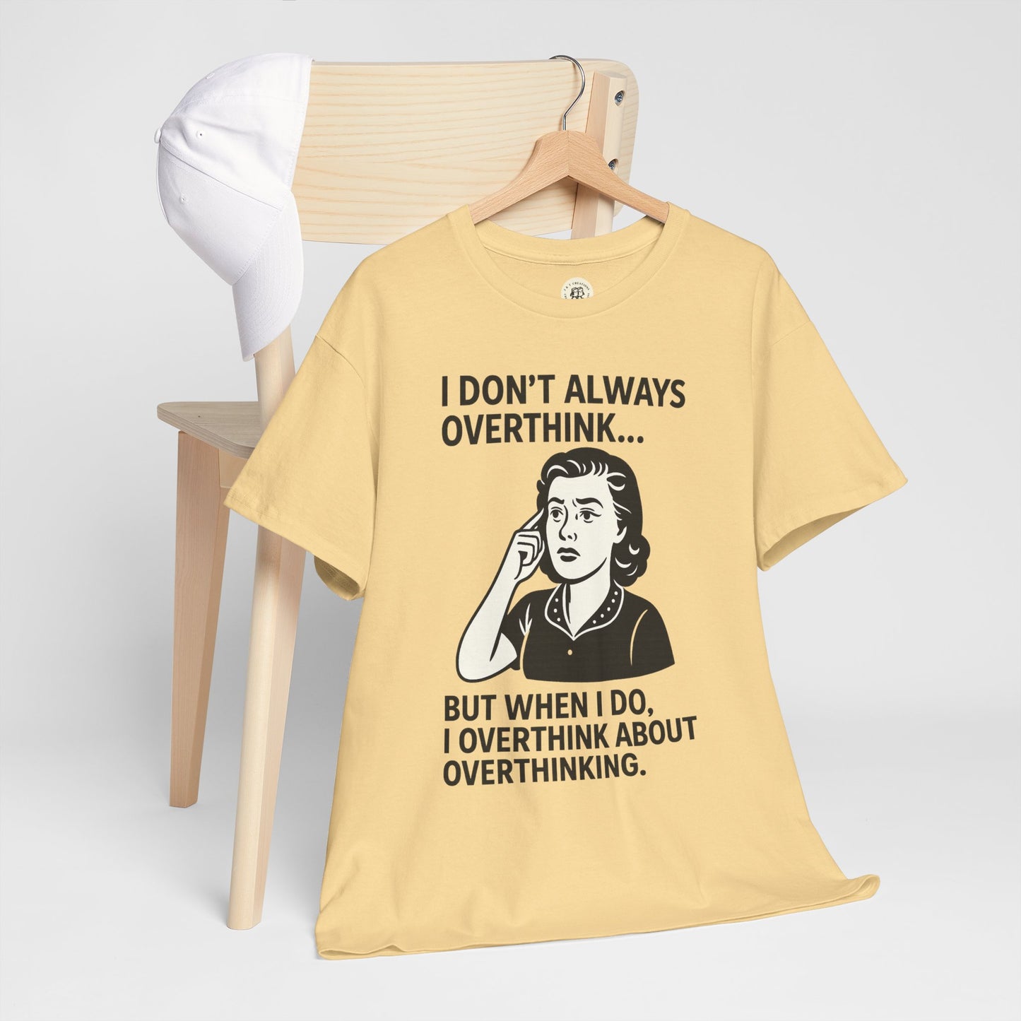 Printify funny overthinking t-shirt in yellow with retro style woman graphic and humorous text