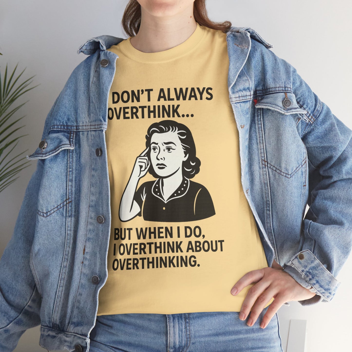 Printify funny overthinking t-shirt in yellow with retro woman graphic and humorous overthinking quote
