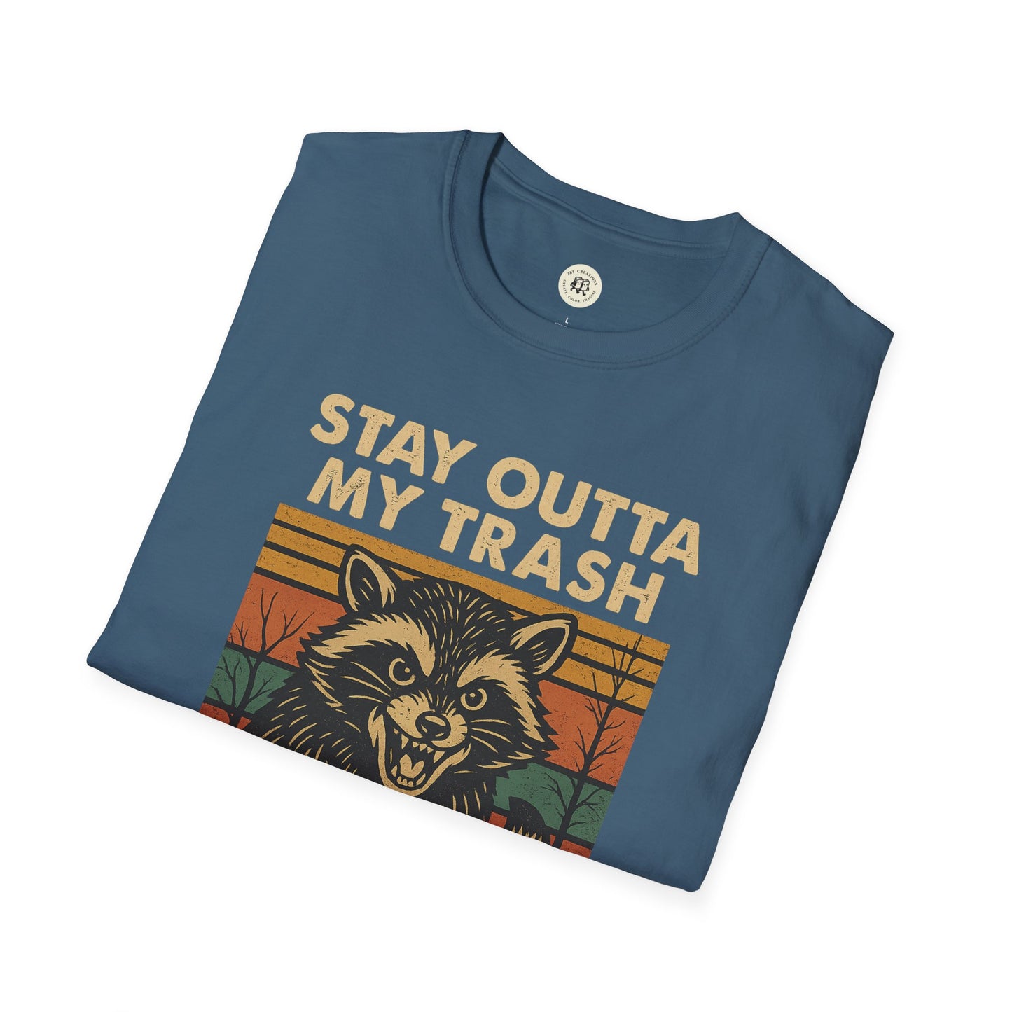 Printify funny raccoon t-shirt in blue with Stay Outta My Trash vintage design