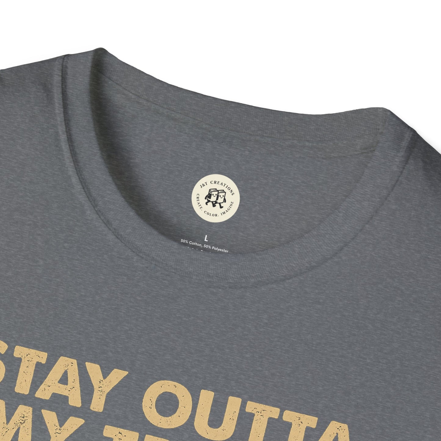 Close-up of gray Printify funny raccoon t-shirt with distressed yellow text and round neckline