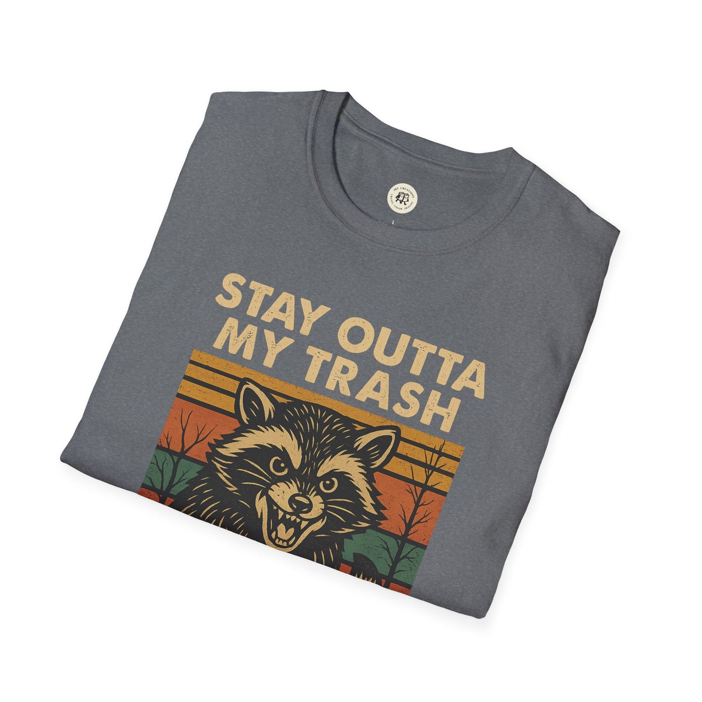 Printify funny raccoon t-shirt in gray with Stay Outta My Trash graphic design