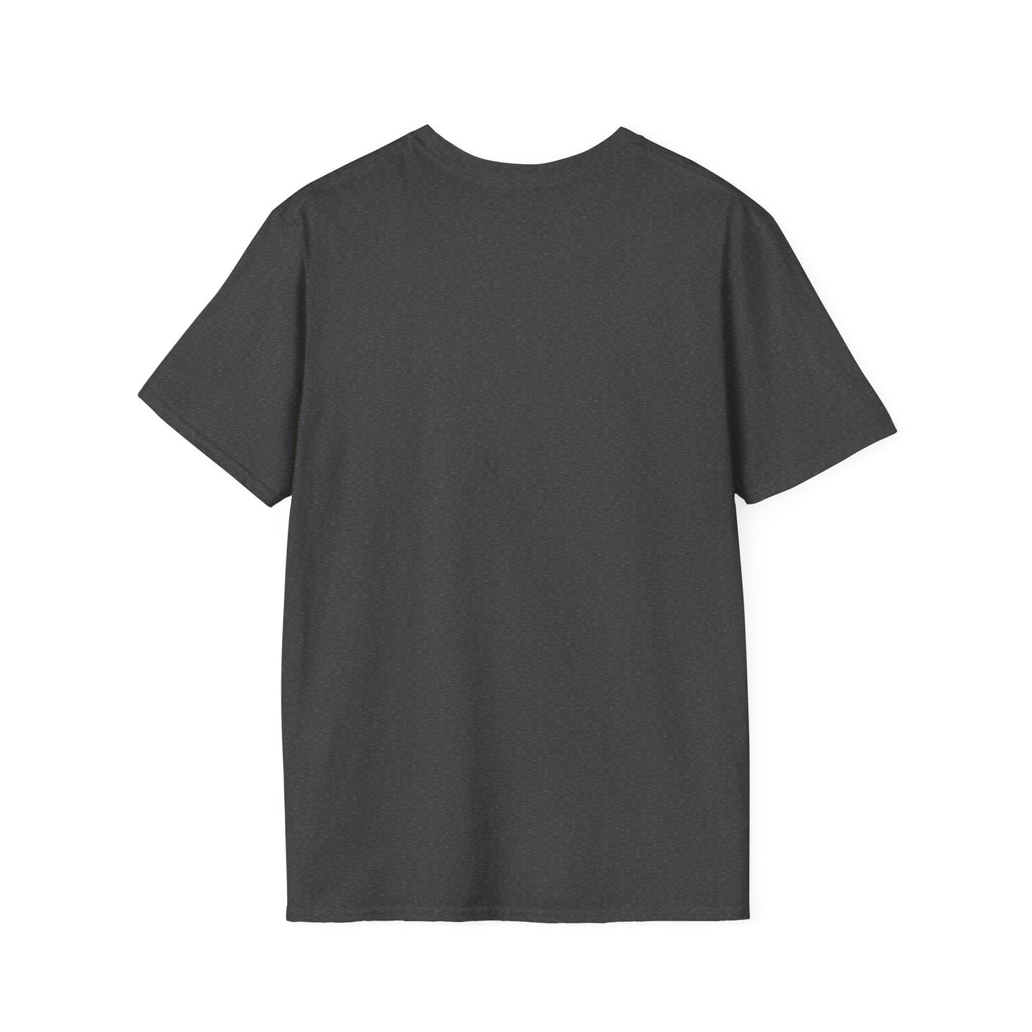 Back view of plain dark gray funny raccoon t-shirt by Printify with short sleeves and crew neck