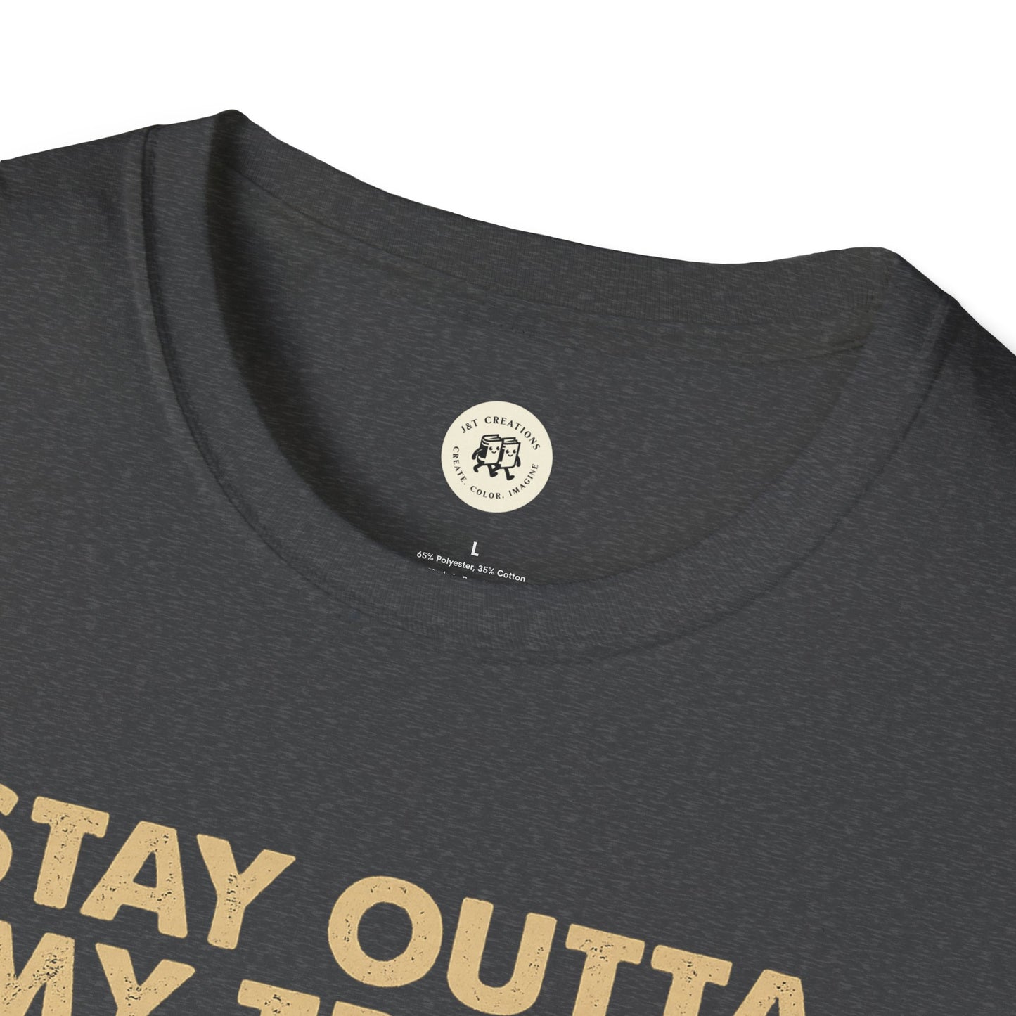 Close-up of black funny raccoon t-shirt neckline and partial text print by Printify
