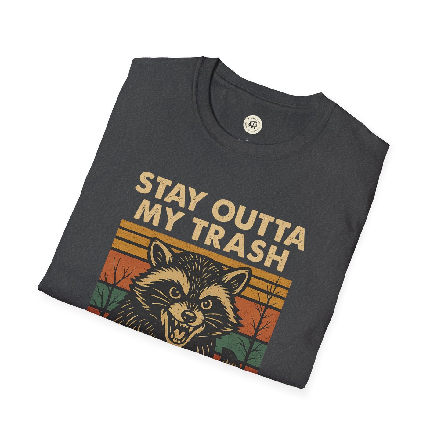 Funny raccoon t-shirt with Stay Outta My Trash graphic in vintage style by Printify